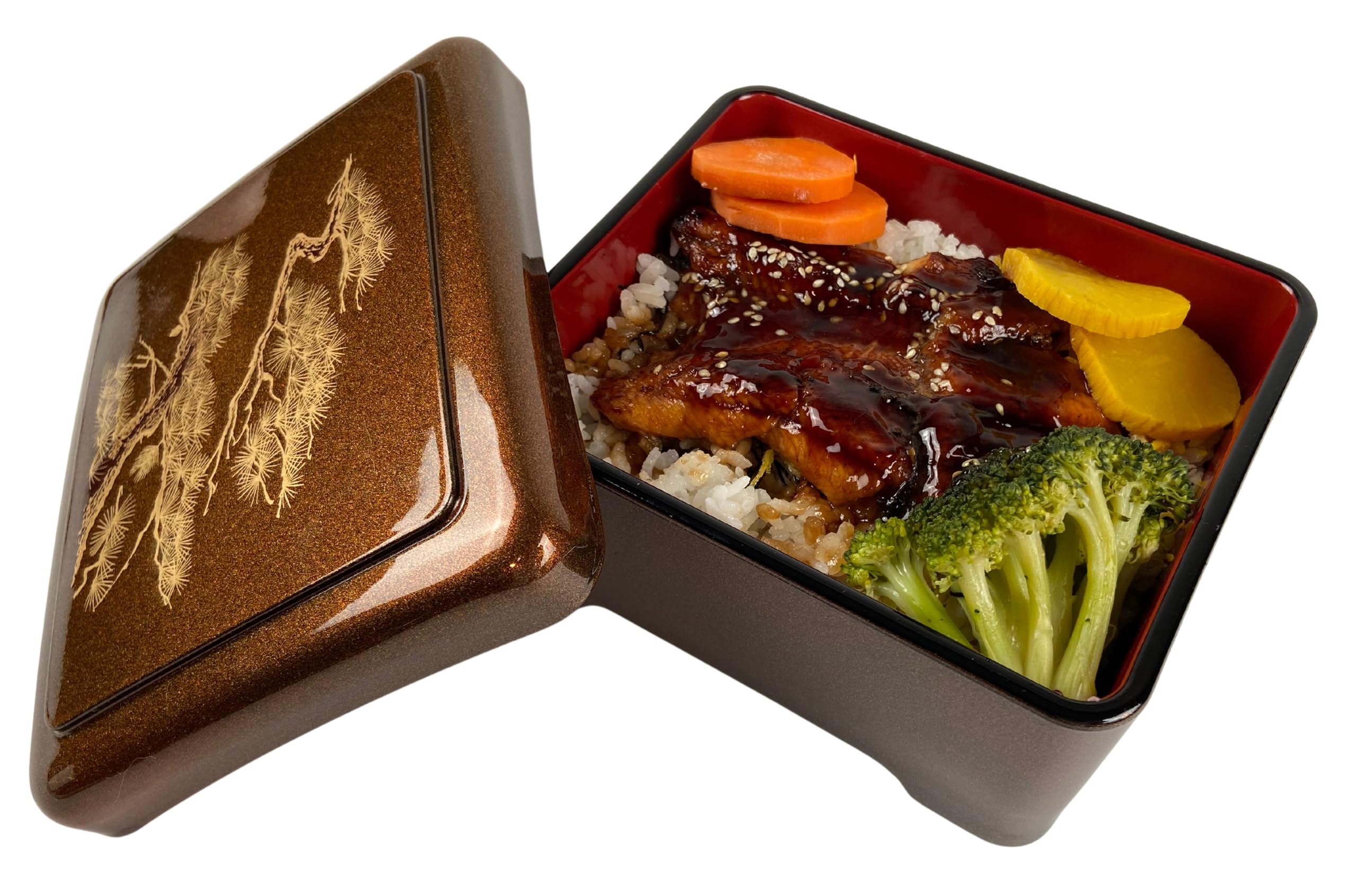 Premium Japanese Bento Box Set of 4 - Traditional Lacquered Unagi Don & Poke Bowl Lunch Boxes | Authentic Made in Japan | Gold Pine Design | Perfect for Office Lunch, Meal Prep & Japanese Cuisine Presentation