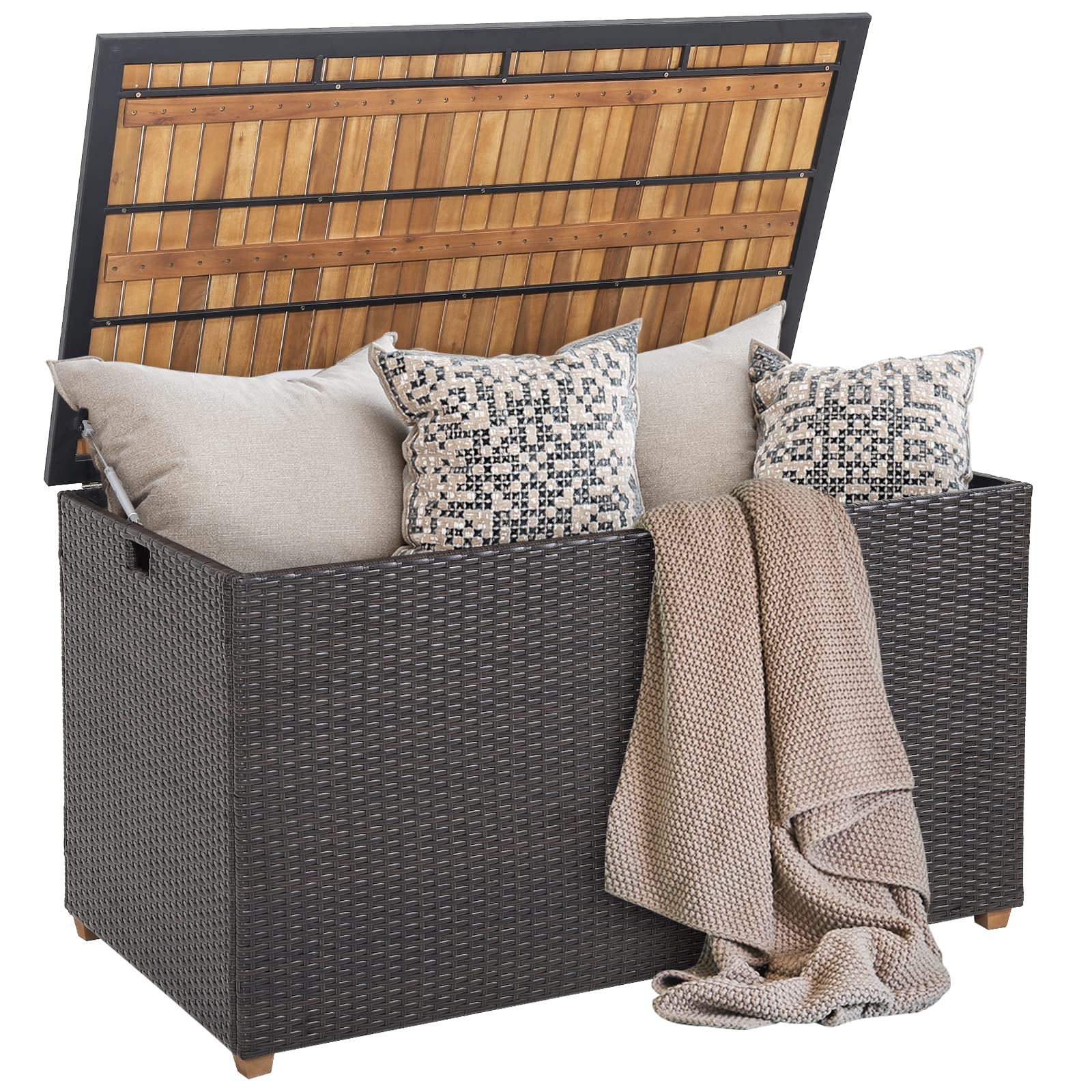 HAPPYGRILL 134 Gallon Rattan Deck Box with Zippered Liner - Waterproof Outdoor Storage Container with Acacia Wood Top & Feet, Effort-Saving Pneumatic Rod - Perfect for Patio, Porch, Backyard, Garden Organization & Cushion Storage