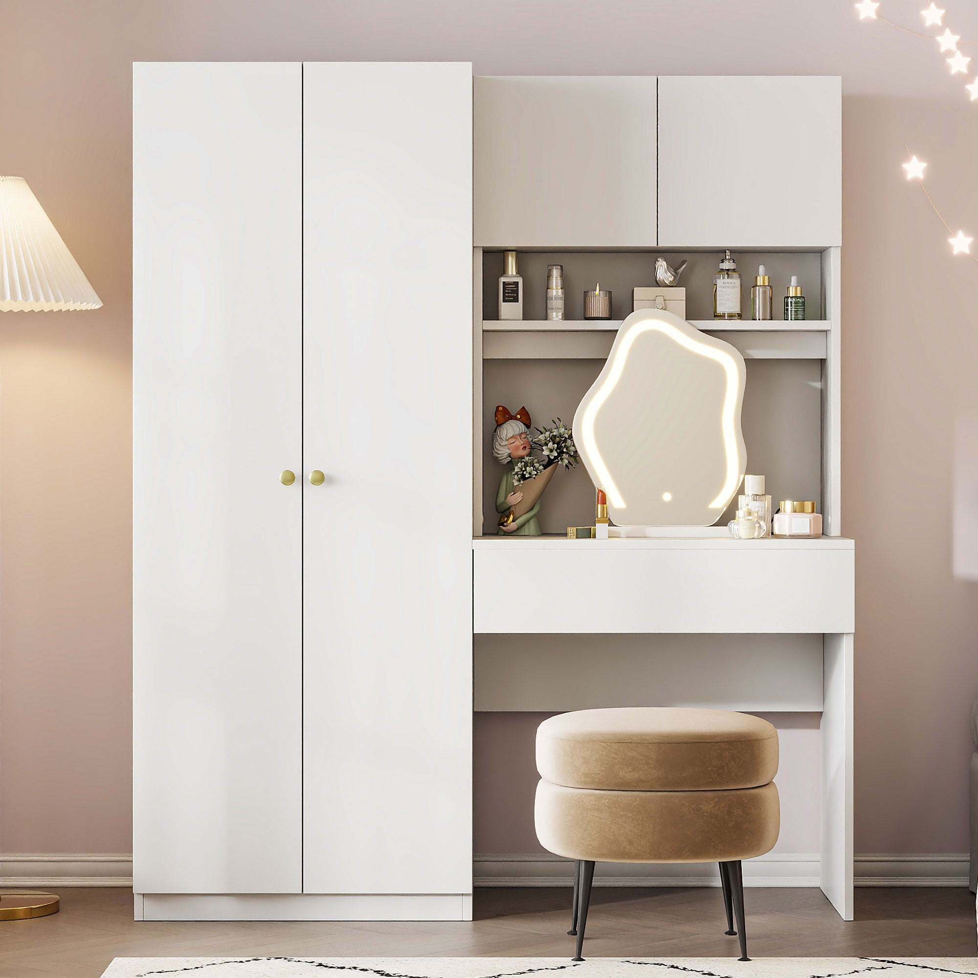 2 Door Wooden Storage Vanity Wardrobe with Makeup Mirror & Drawers - White Bedroom Organizer for Clothes, Shoes & Accessories | Perfect for Master Bedroom, Guest Room & Dormitory