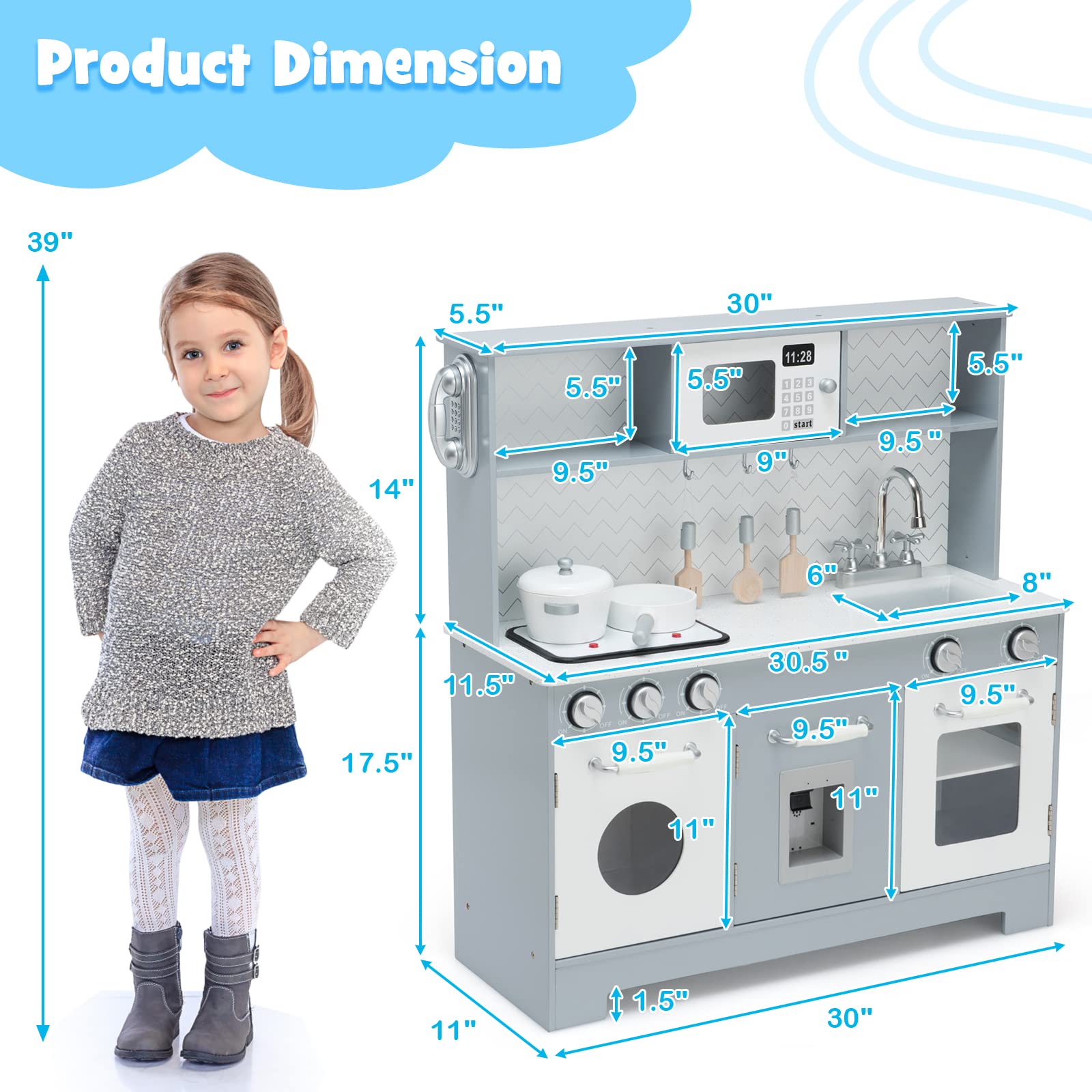 Wooden Kids Kitchen Playset with Sink & Stove - Pretend Play Toy for Toddlers 3+ | Perfect Gift for Boys & Girls | Gray