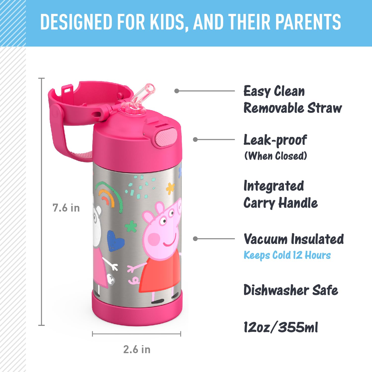 THERMOS FUNTAINER Kids Stainless Steel Vacuum Insulated Water Bottle with Straw & Lid - 12oz, Peppa Pig Design - Leakproof & BPA-Free for School, Travel & Outdoor Activities