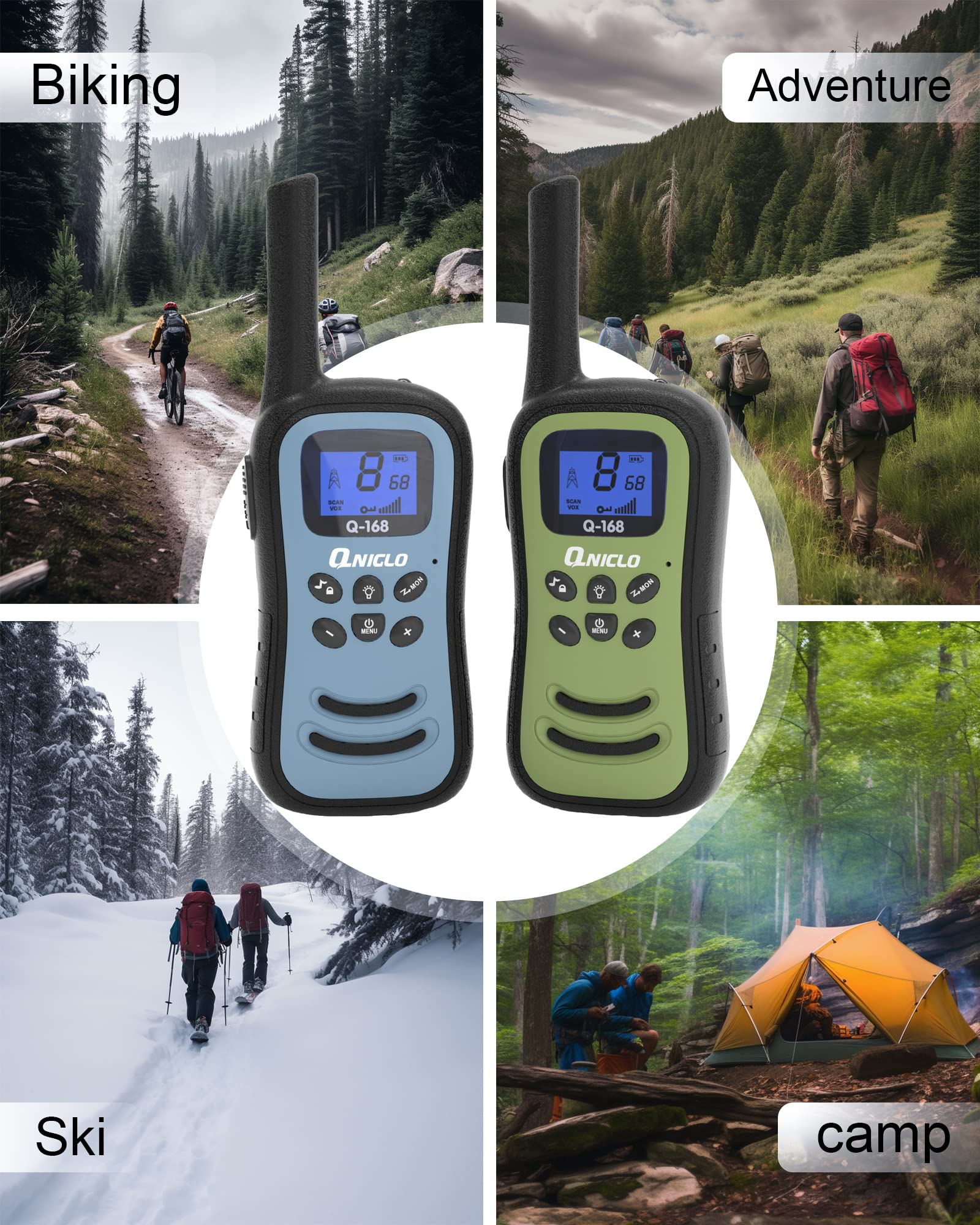 Qniglo Rechargeable Walkie Talkies for Adults & Kids - 22 FRS Channel Long Range 2 Way Radios with VOX & LED Flashlight - Perfect for Hiking, Camping, Outdoor Adventures & Emergency Communication (3 Pack)