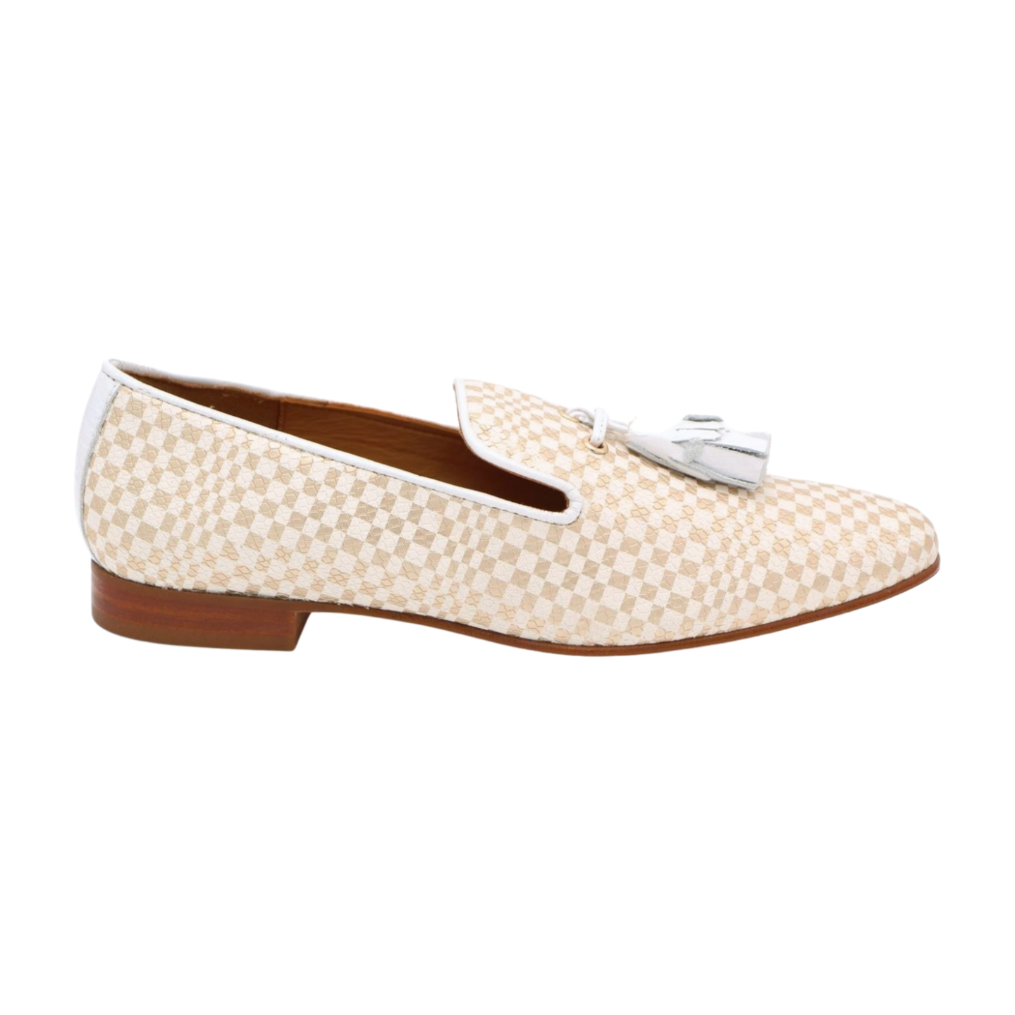 PEDRO MIRALLES White & Gold Checkered Leather Loafers with Tassel - Classic Men's Dress Shoes for Business, Office & Formal Occasions