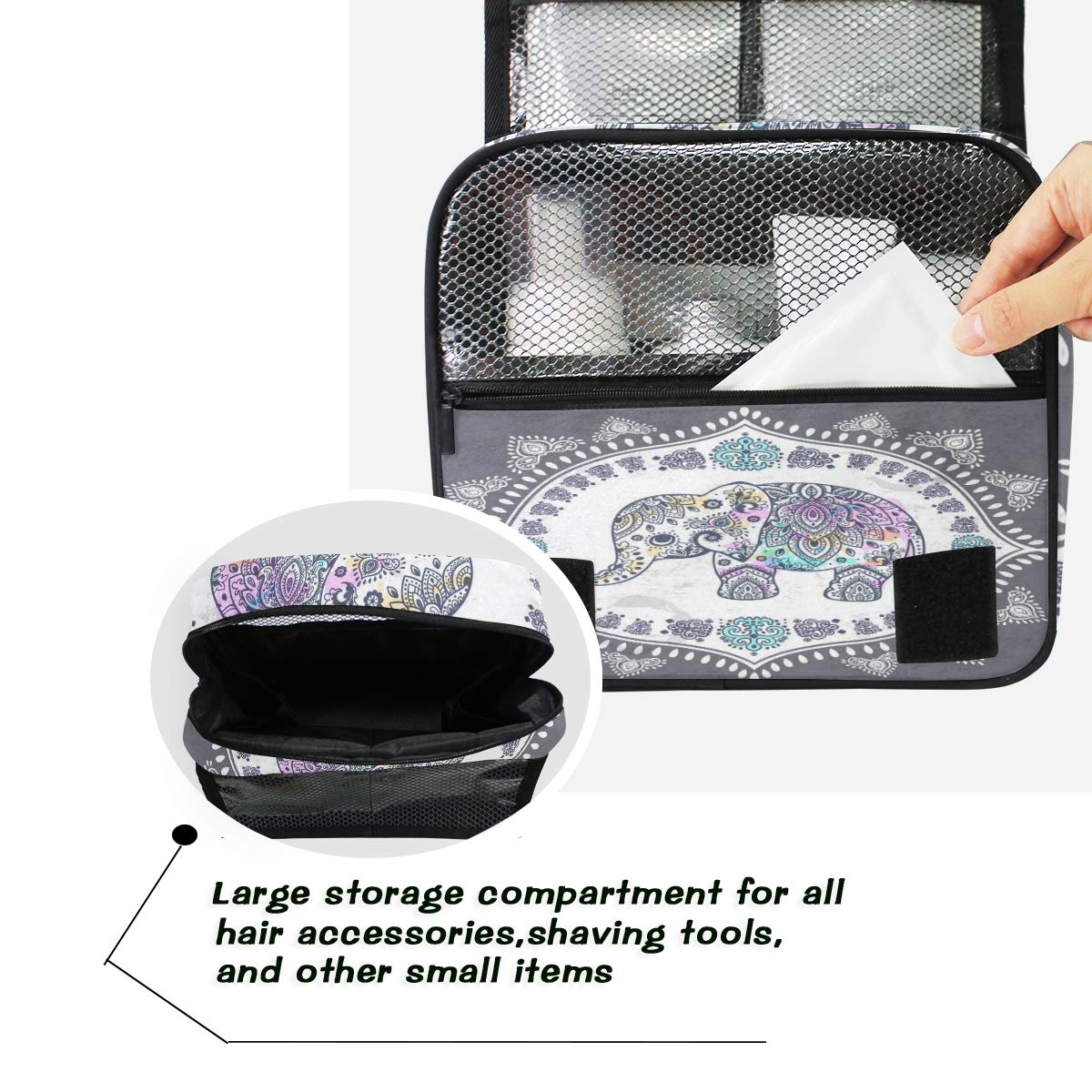 AUUXVA Hanging Travel Toiletry Bag - Waterproof Cosmetic Organizer with Multiple Zipper Pockets for Women & Men - Perfect for Vacation, Gym, and Business Trips - Ethnic Elephant Design Portable Wash Bag