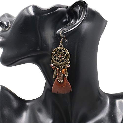 Bohemian Feather Earrings for Women - Retro Round Hollow Dangle Earrings - Exaggerated Fashion Jewelry Accessories for Parties, Festivals & Boho Outfits