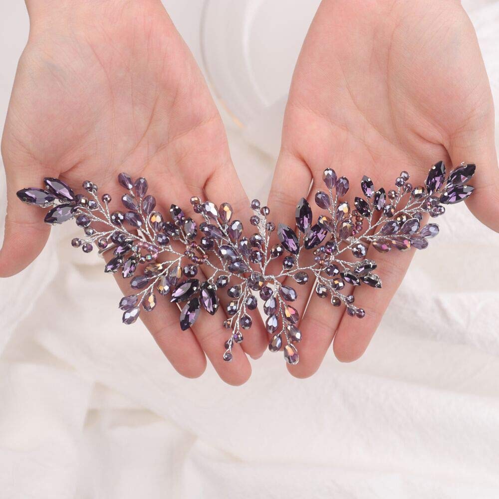 Purple Wedding Hair Vine - Silver Bridal Headpiece for Weddings & Parties