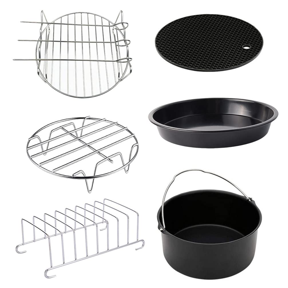 6-Piece Universal Air Fryer Accessories Set - 8 Inch Non-Stick Baking & Grilling Pans - Dishwasher Safe for Easy Cleaning - Perfect for Air Fryers, Ovens & Outdoor BBQs