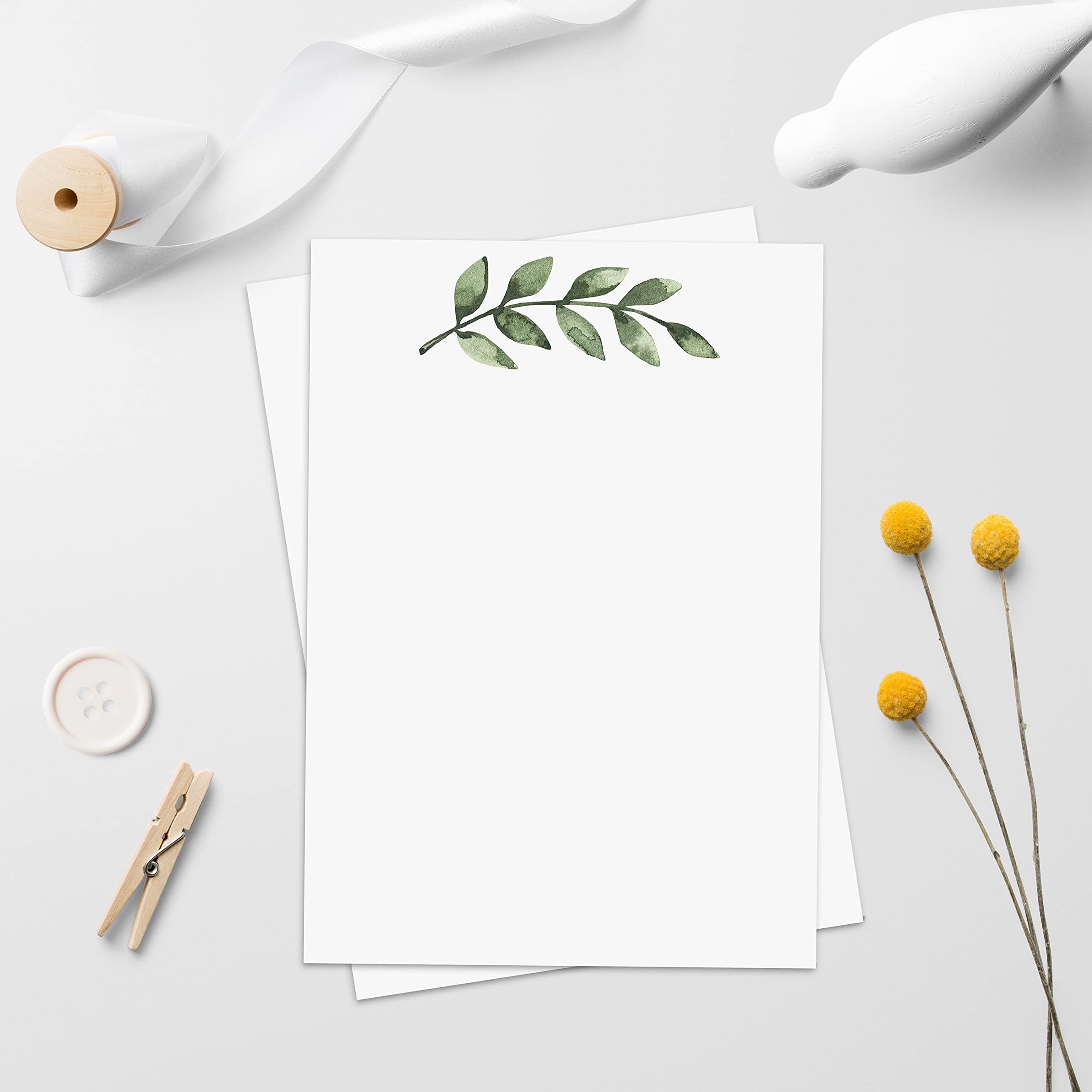 321Done Greenery Note Cards - Set of 50 Blank 5x7 Cards with Simple Green Leaves Design on White, Premium Thick Cardstock, No Envelopes - Perfect for Thank You Notes, Wedding Invitations, and DIY Crafting - Made in USA