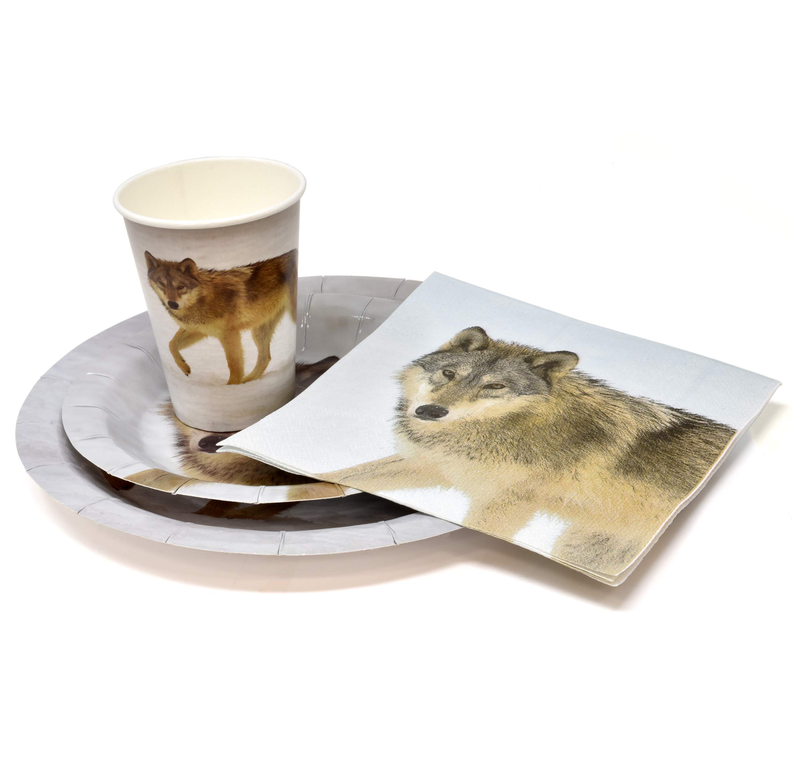 122-Piece Wolf Party Supplies Set - Disposable Paper Plates, Cups & Napkins for Jungle Safari, Zoo, Forest Hunting Birthday Theme - Serves 24 - Perfect for Wolf-Themed Parties, Baby Showers & Outdoor Adventures