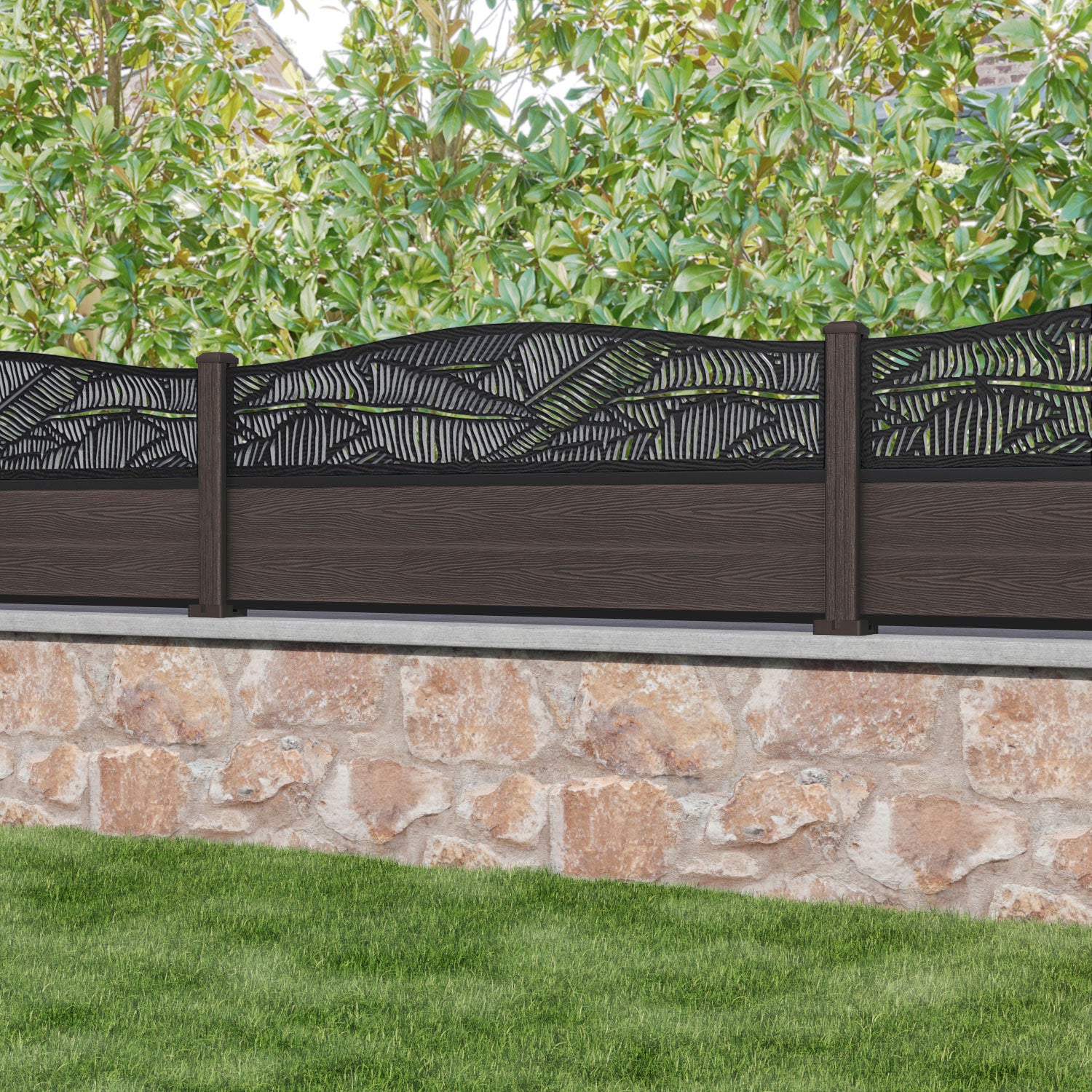Classic Feather Curved Top Fence Panel - Mid Brown Composite Fencing with Durable Posts | Perfect for Garden, Backyard, and Privacy Landscaping