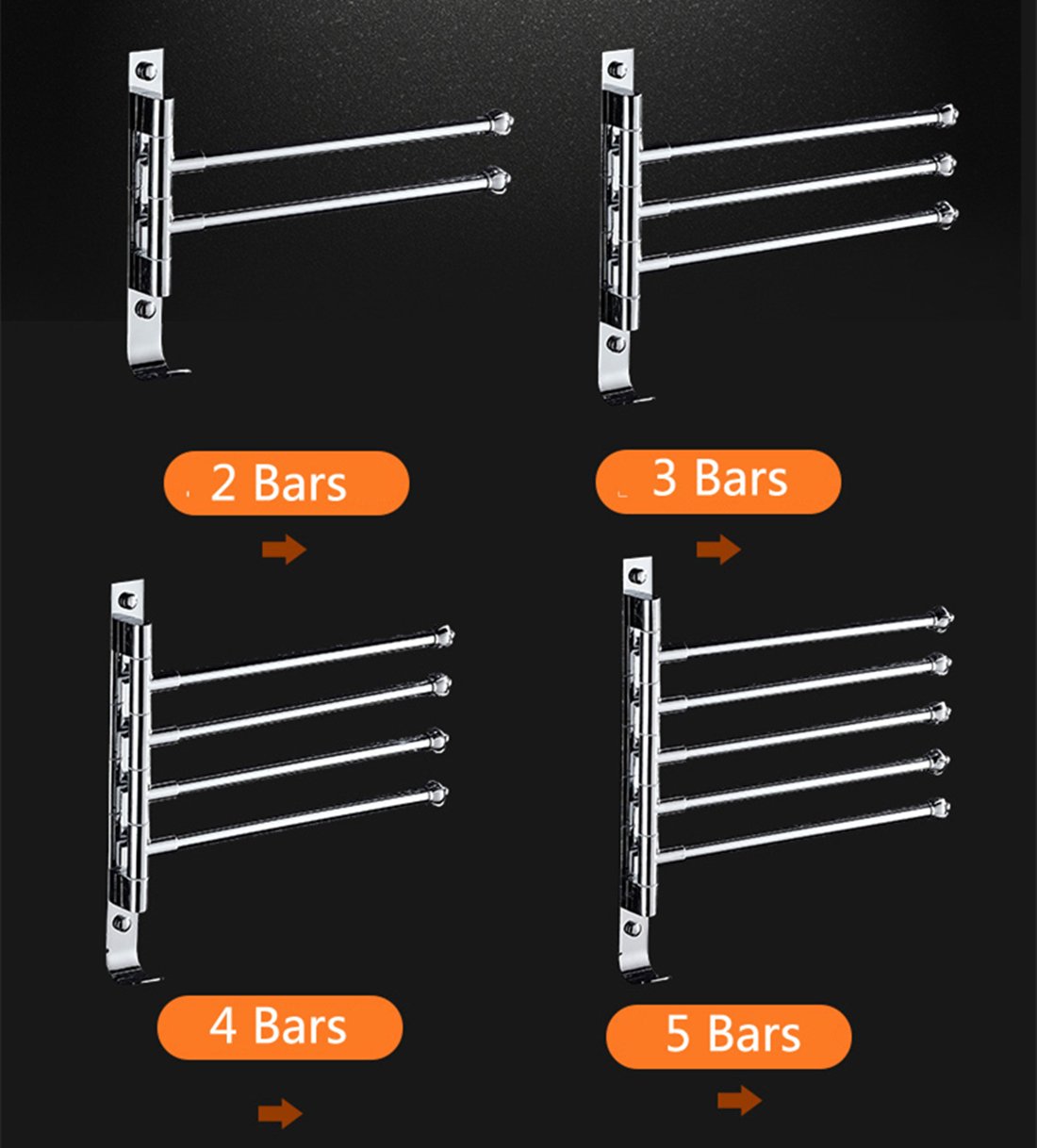 MOCOFO 5-Bar Swivel Towel Rack - Stainless Steel SUS304 Bathroom Towel Holder with Folding Arm, Wall Mount for RV, Home & Spa - Polished Finish for Modern Decor