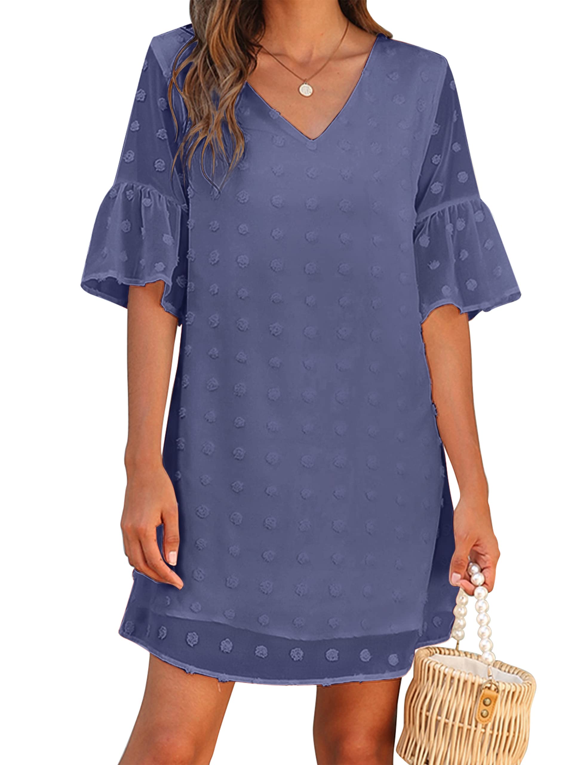 Blooming Jelly Women's White Chiffon Short Sleeve V-Neck Ruffle Mini Dress - Flowy Shift Sundress for Summer Beach, Party & Casual Outings