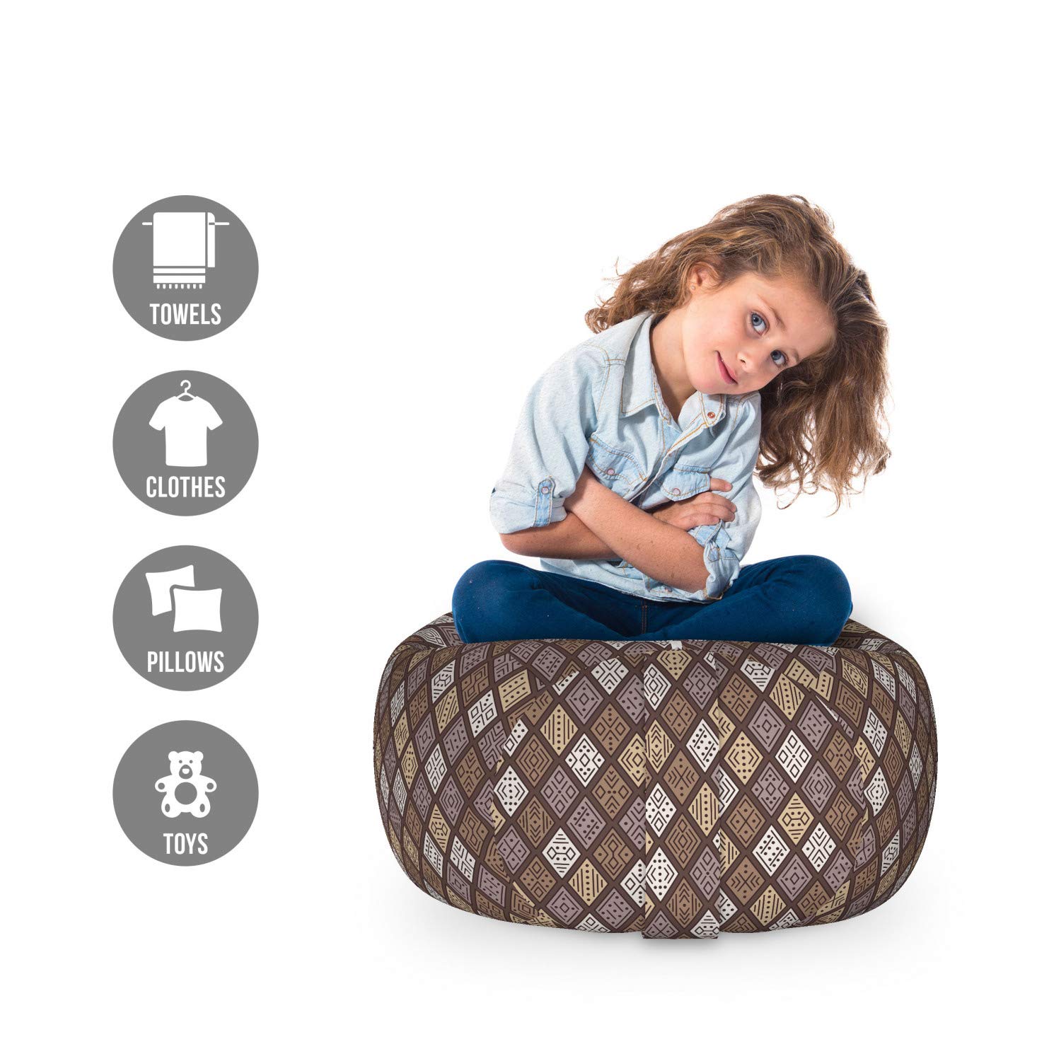Ambesonne Geometric Pattern Toy Storage Bag Chair - Dark Taupe & Cocoa Abstract Diamond Design, Washable Stuffed Animal Organizer for Kids Bedroom, Nursery or Playroom - Perfect for Toy Storage and Seating Solution