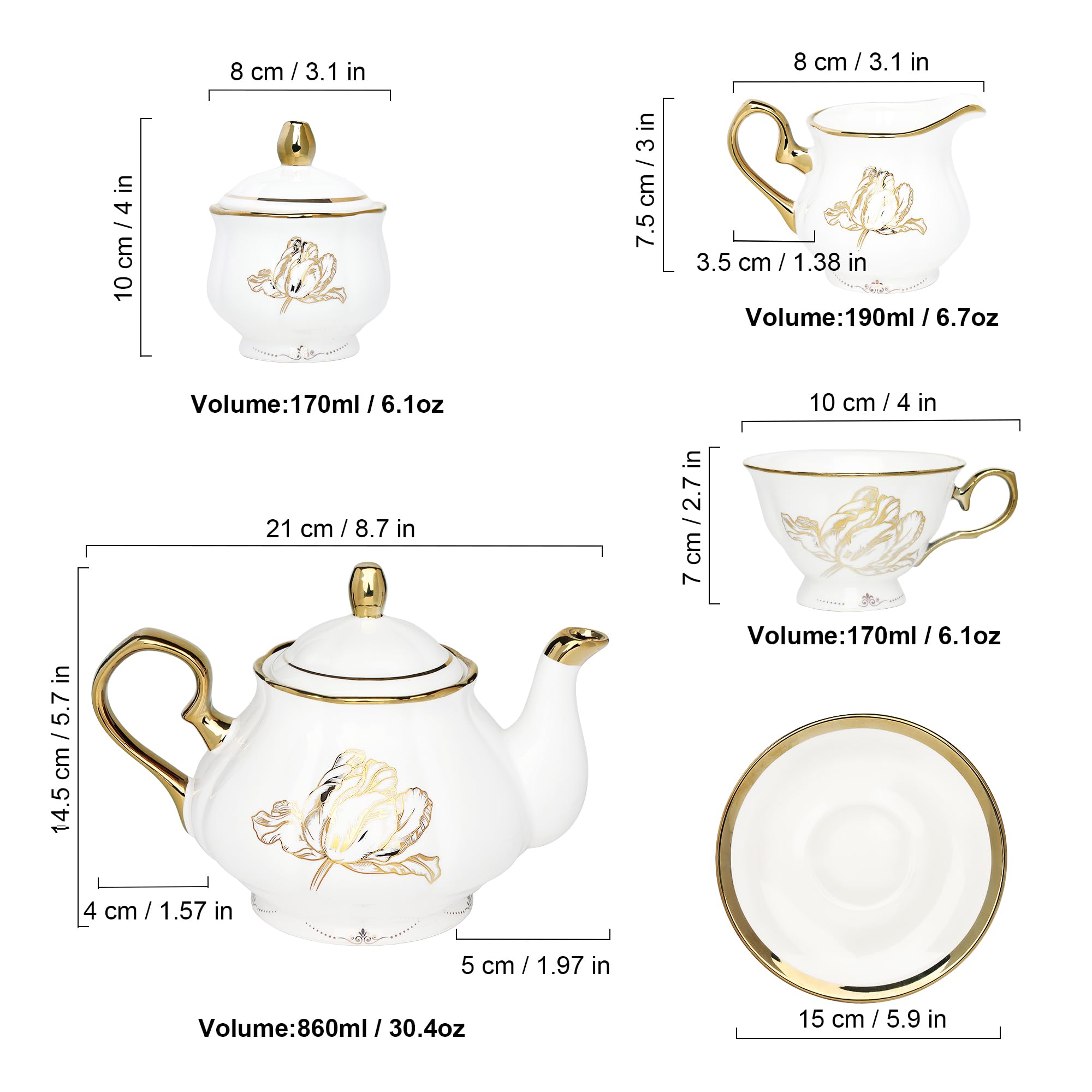 Fanquare British Porcelain 22-Piece Tea & Coffee Set - Premium Bone China with Gold Tulip Design, Includes 6 Cups & Saucers with Metal Holder - Perfect for Afternoon Tea, Home Decor, Weddings & Birthday Parties