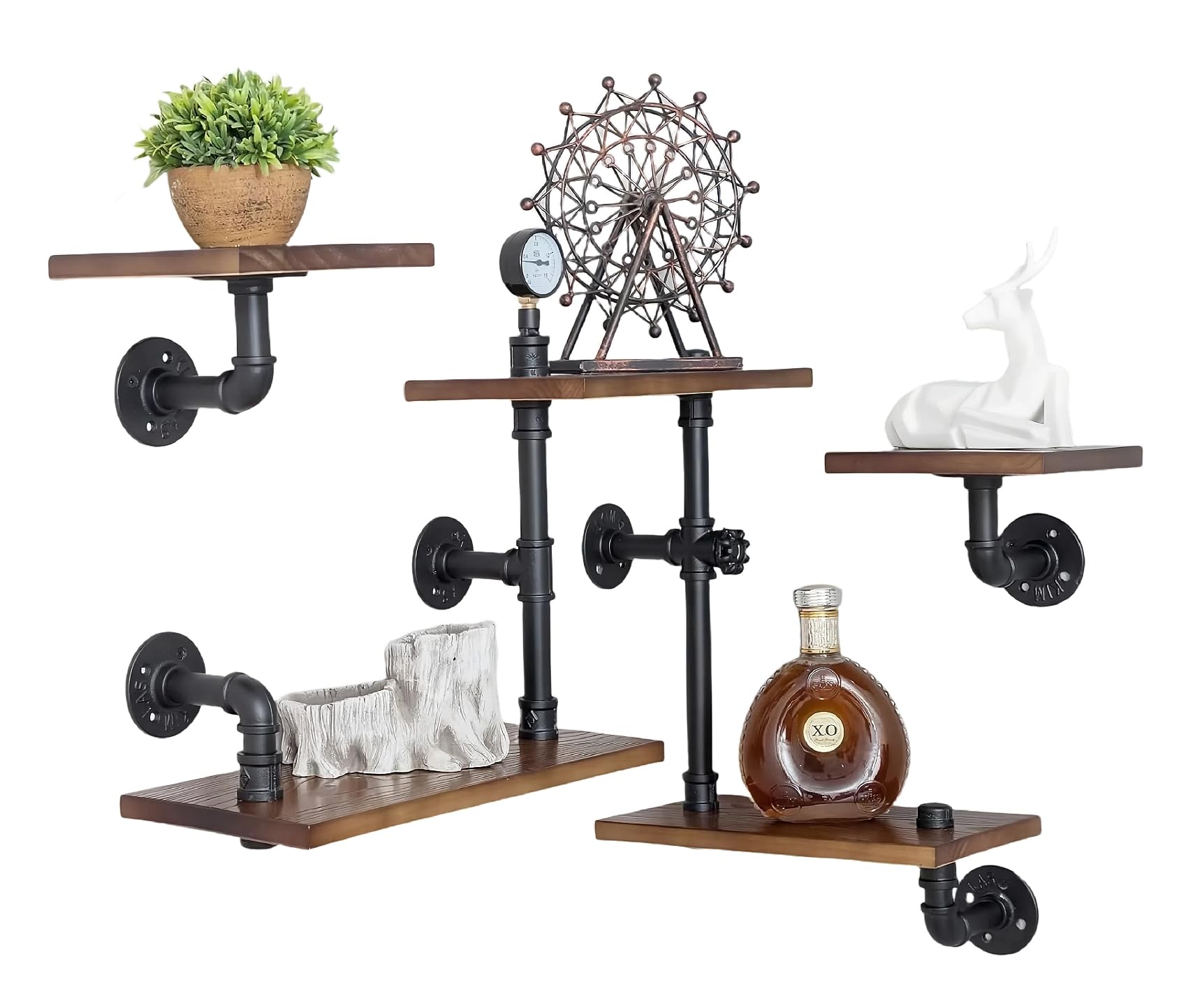 Industrial Rustic Modern Wood Ladder Pipe Wall Mounted Floating Shelves - Set of 3 DIY Bookshelves for Home Office, Bedroom & Living Room Storage - Space Saving Wall Shelving Unit with Sturdy Metal Brackets