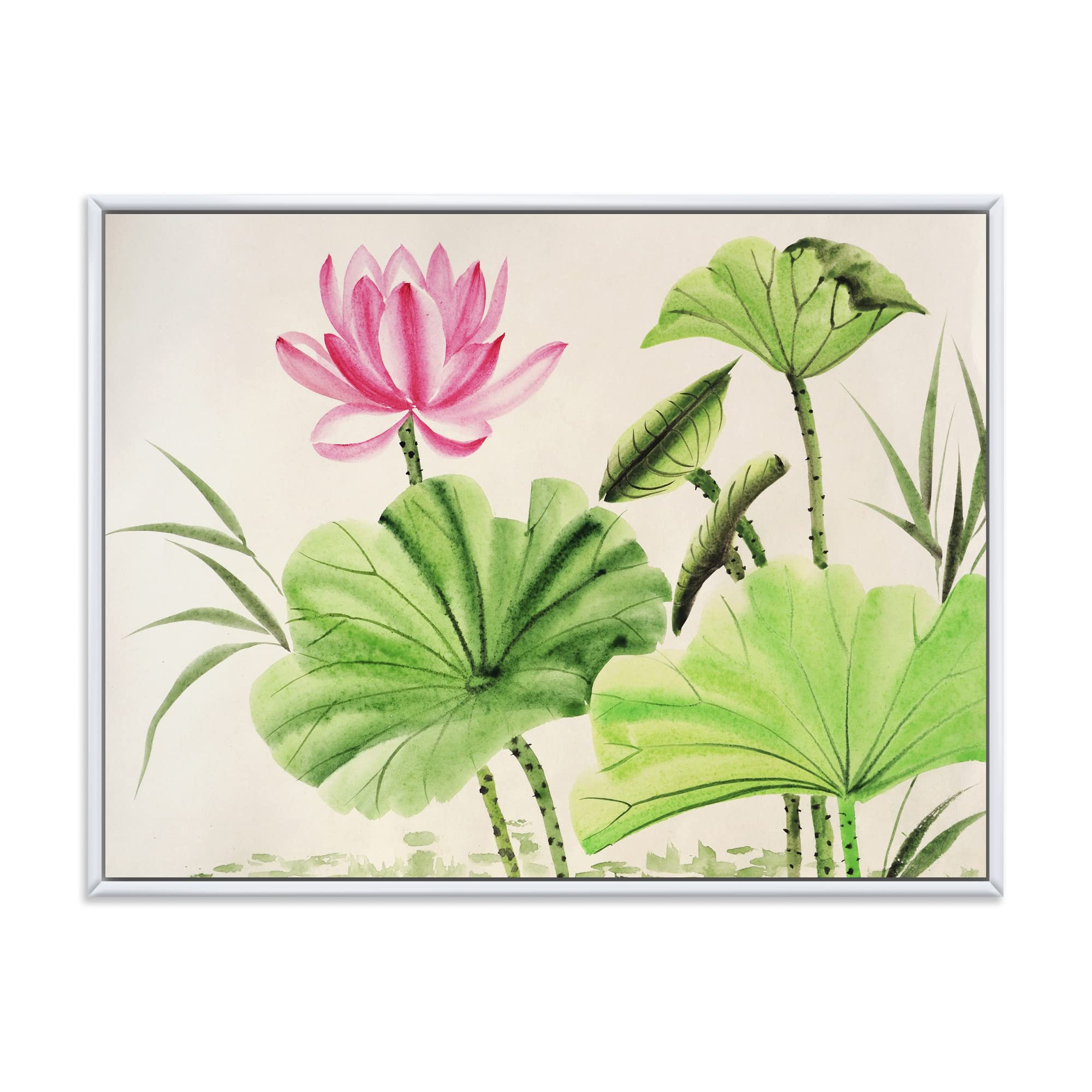 Vintage Pink Lotus Pond Traditional Framed Canvas Wall Art - Handmade Asian Home Decor for Living Room, Bedroom & Office