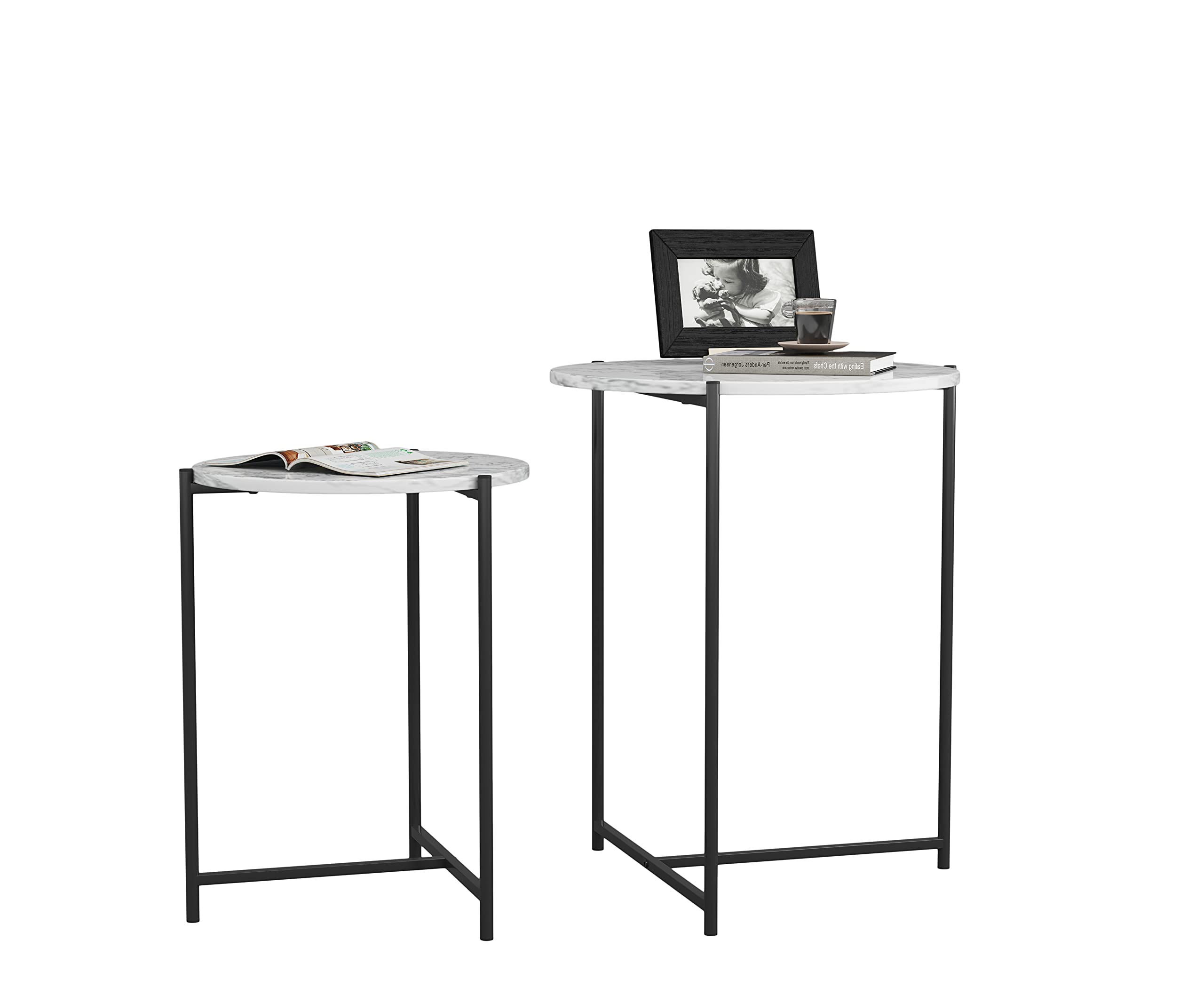 Modern Round Side Table Set of 2 - Nesting Coffee End Tables with Black Frame & Marble Top for Living Room, Bedroom, or Office - Space-Saving Accent Furniture for Small Spaces