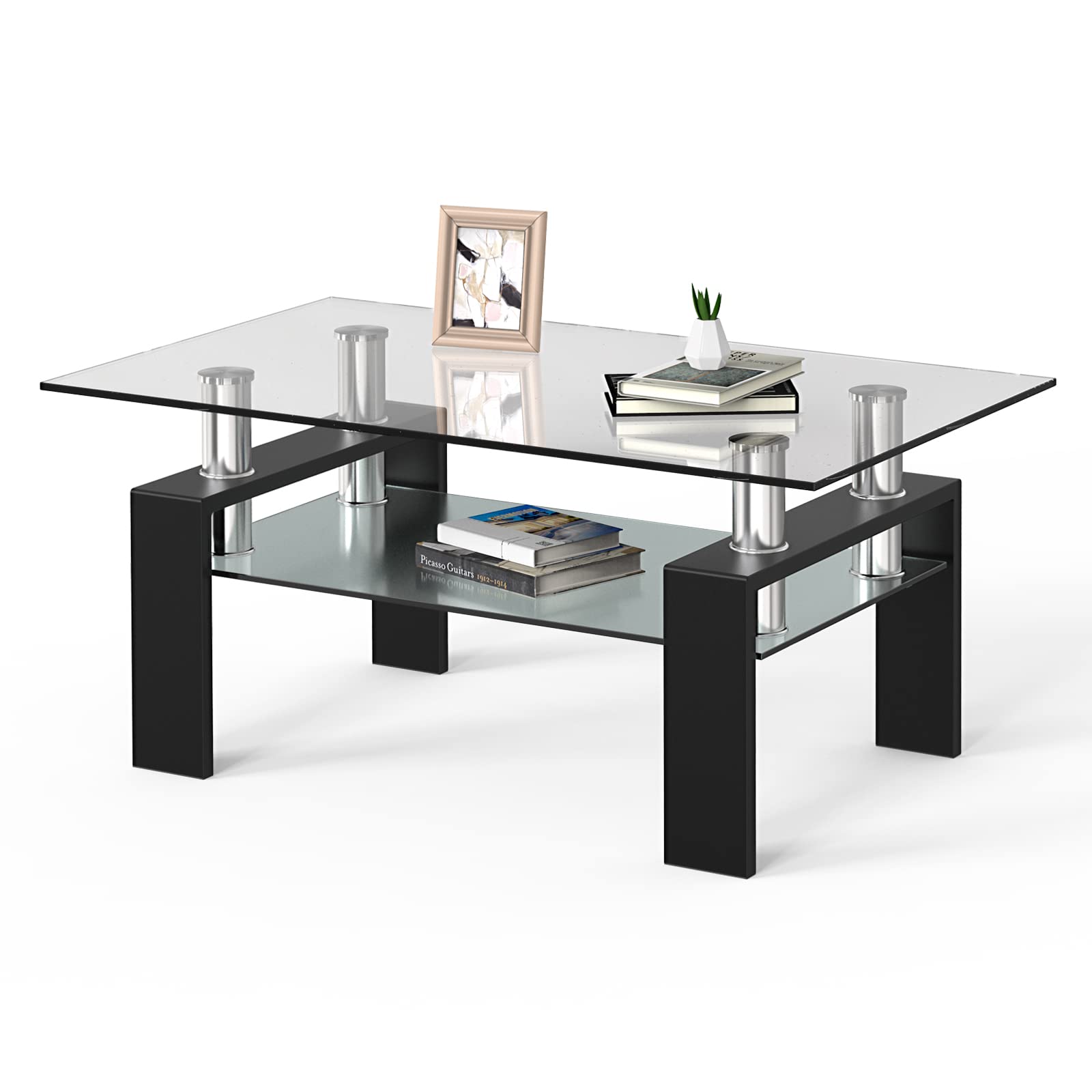 NAFORT Modern 2-Tier Rectangle Coffee Table with Tempered Glass Top & Sturdy Metal Legs - Living Room Center Table with Storage Shelf | Perfect for Small Spaces, Apartments & Contemporary Home Decor