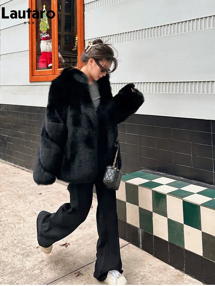 2024 Women's Luxury Black Faux Fox Fur Coat - Thick Warm Soft Shaggy Fluffy Jacket with Stand Collar for Autumn Winter | Perfect for Cold Weather, Outdoor Activities & Fashion Statement