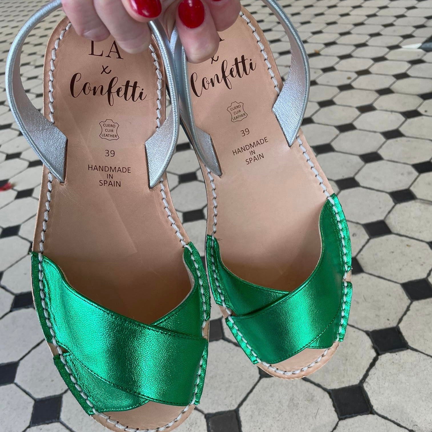 LA x Confetti Crossover Peep Toe Green Metallic Sandals - Women's Fashion Shoes for Summer Parties & Weddings