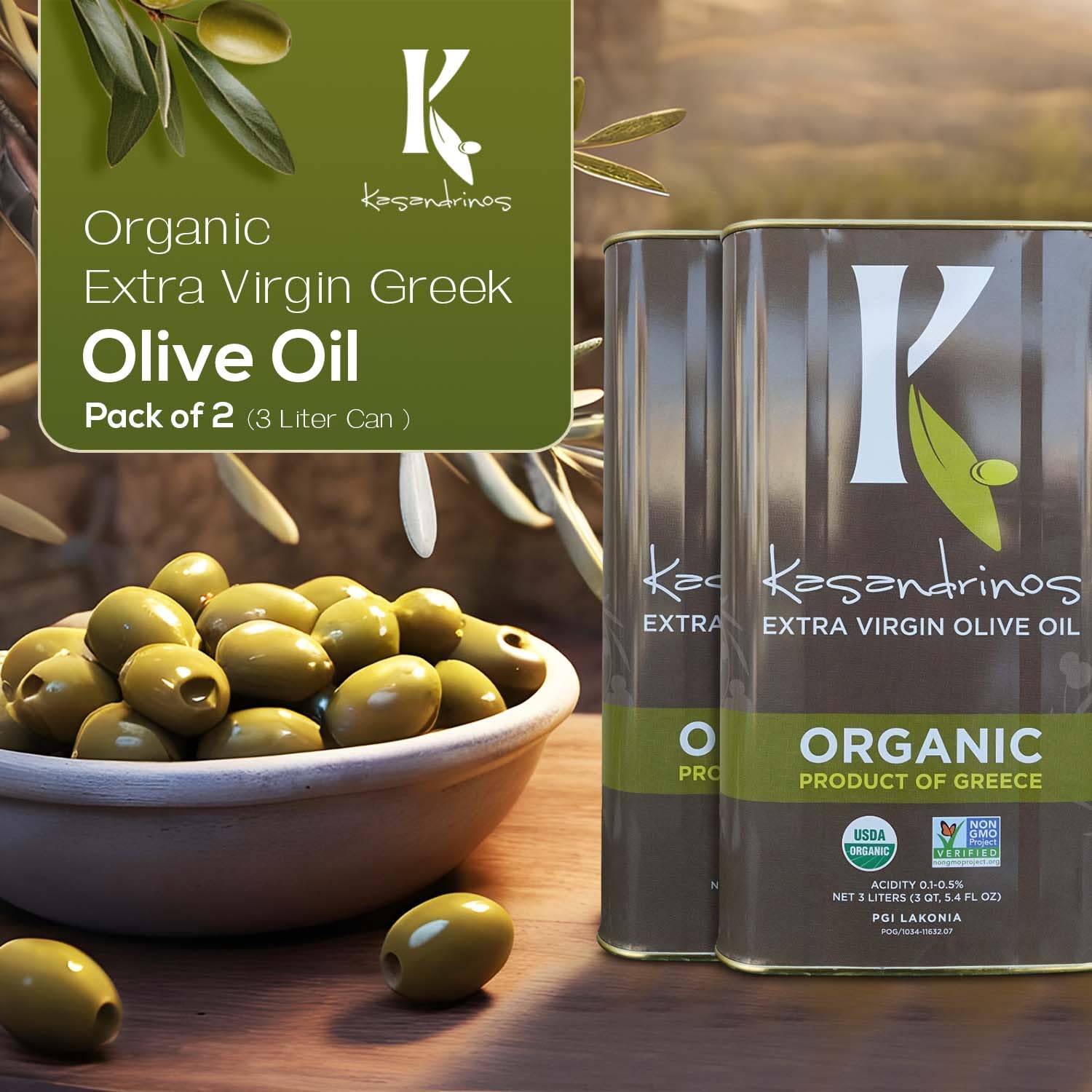 Kasandrinos Organic Extra Virgin Greek Olive Oil - 3 Liter (Pack of 2) | Cold Pressed, Unfiltered | Perfect for Cooking, Salad Dressing & Healthy Recipes