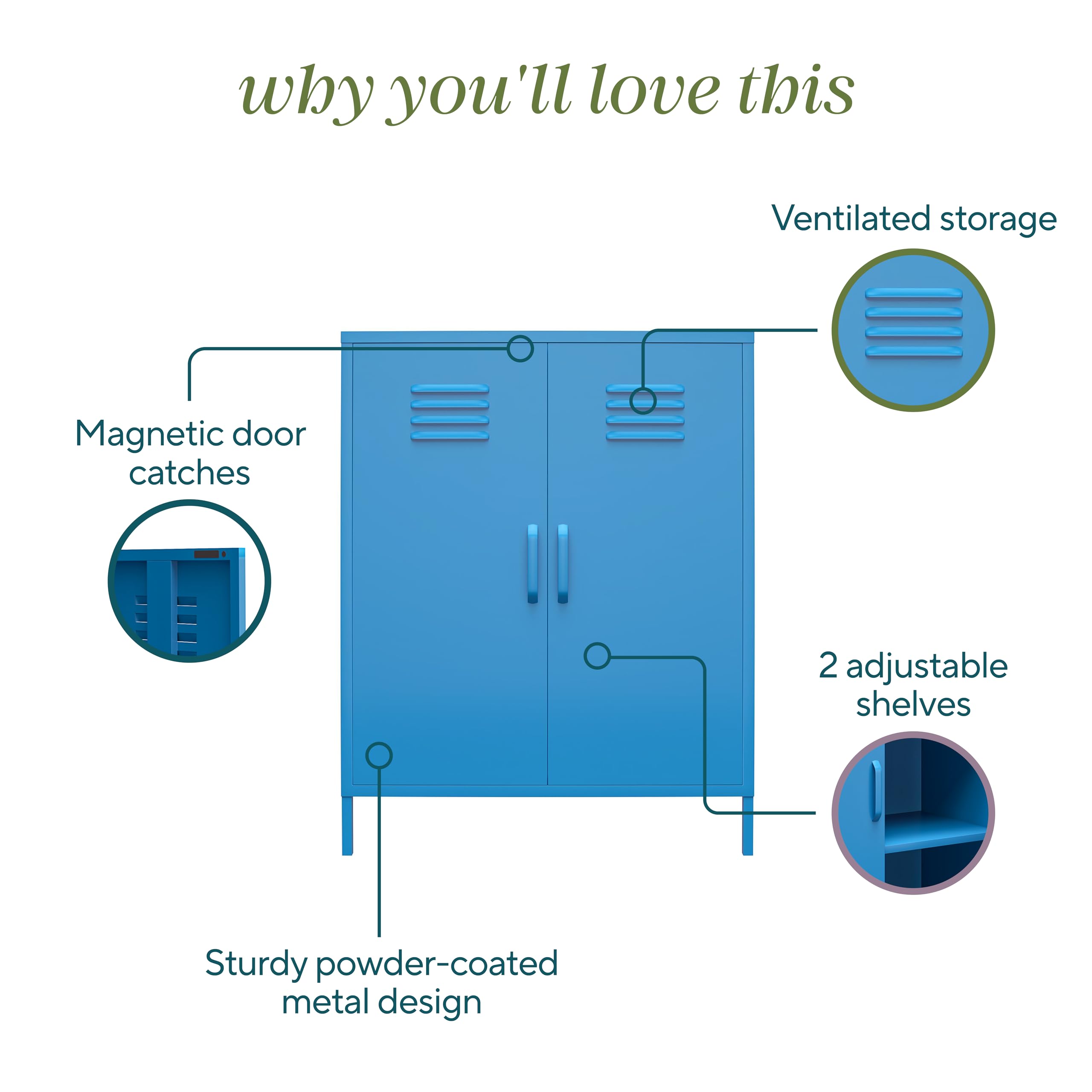 Novogratz Cache 2-Door Metal Locker Storage Cabinet in Blue - Stylish Home & Office Organization Solution for Bedroom, Dorm, or Entryway