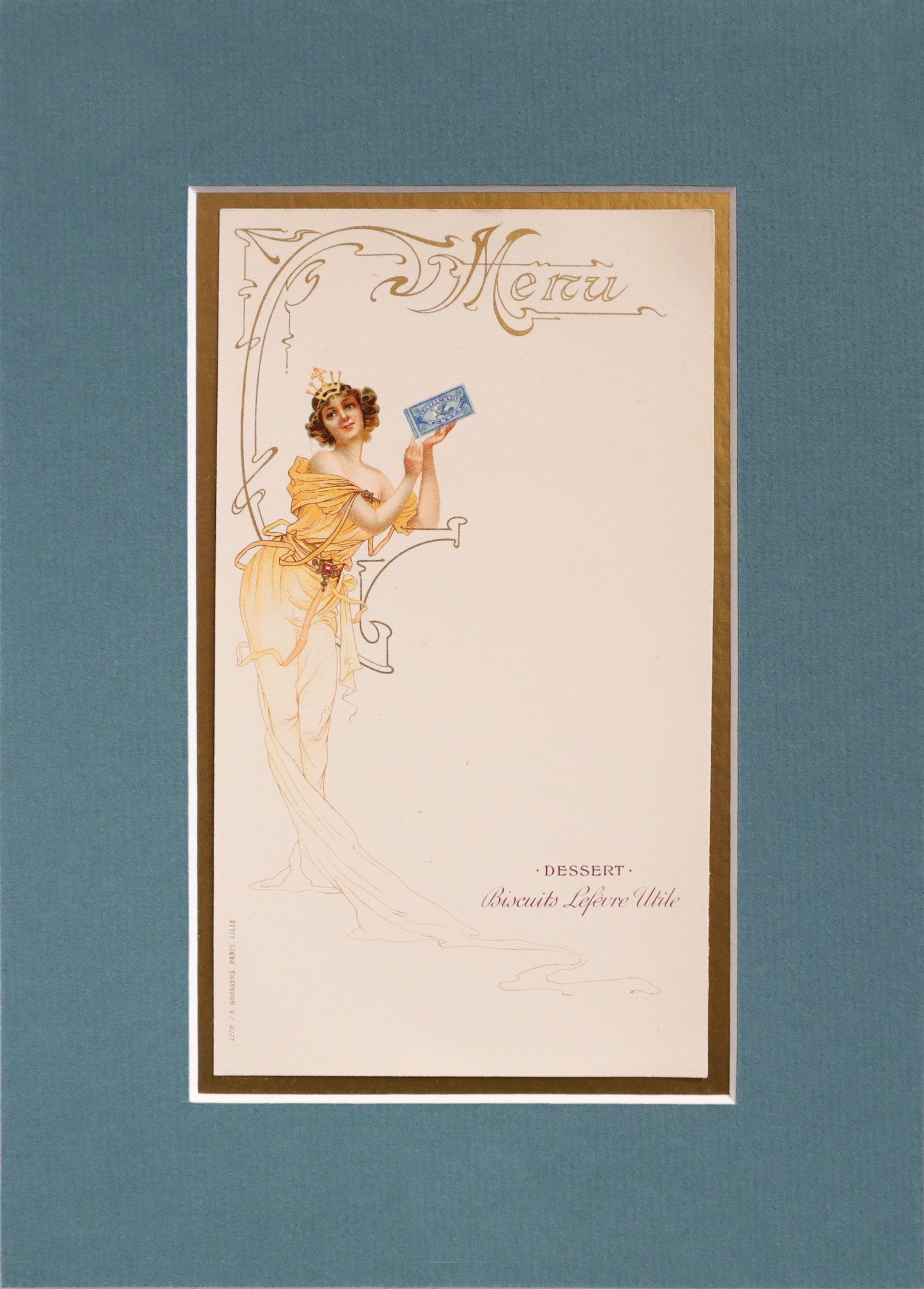 1900 Original French Advertising Menu - Vintage Woman in Gold Dress Holding Blue Box - Antique Collectible for Home Decor, Framed Art Display