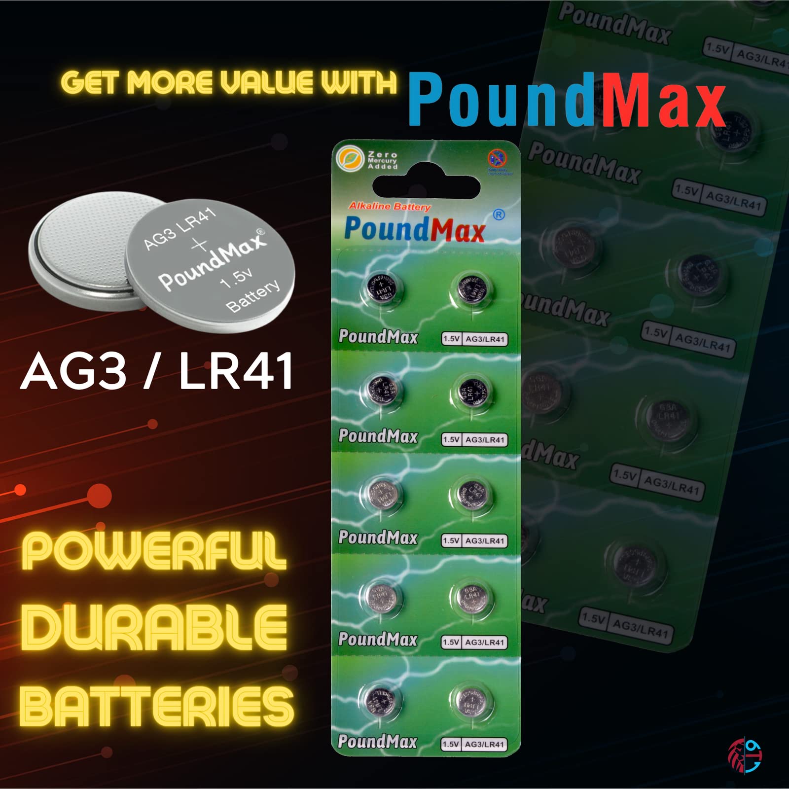 PoundMax AG3 LR41 1.5V Alkaline Button Cell Batteries - 10 Pack for Watches, Calculators, Thermometers & Small Electronics