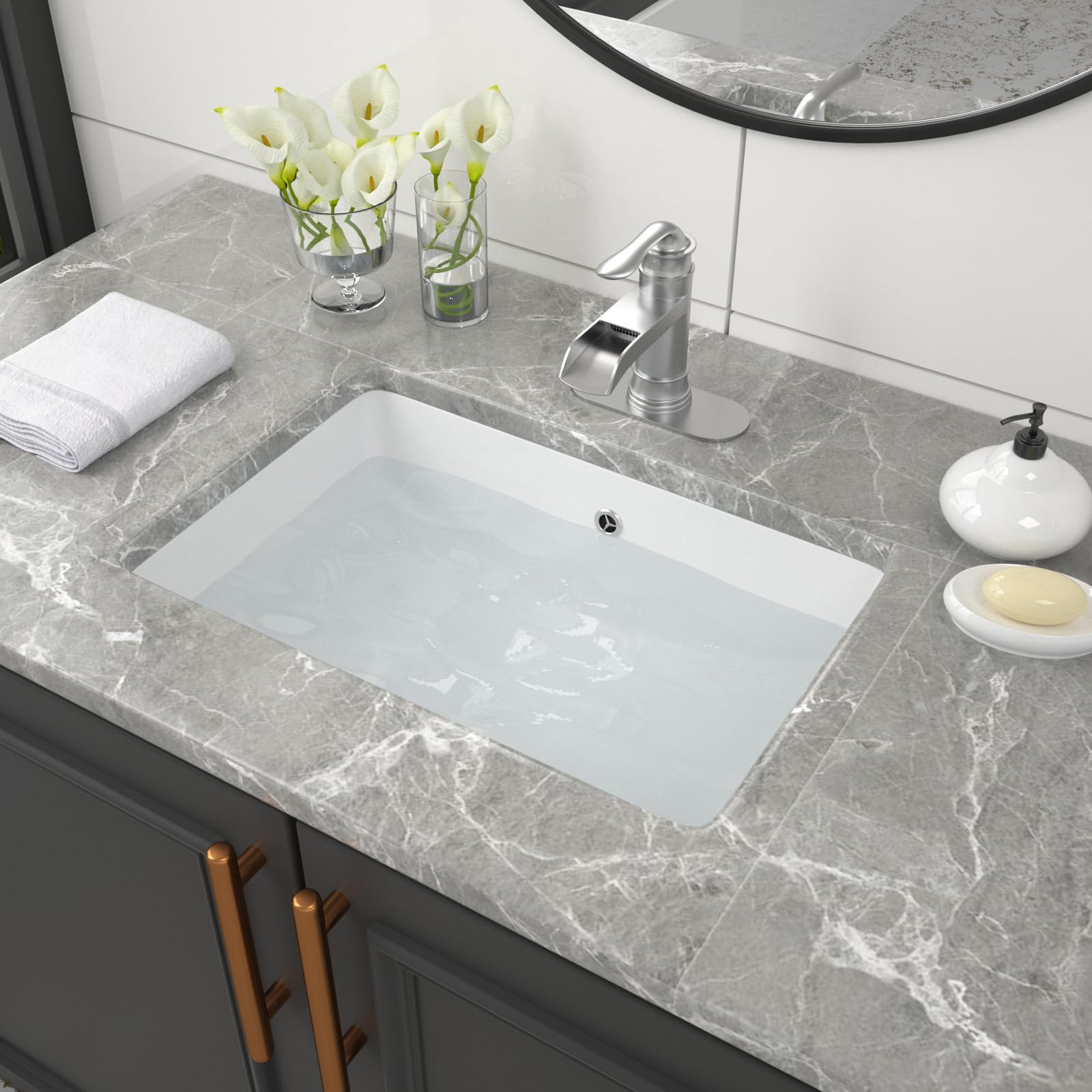 21 x 15 Inch Undermount White Ceramic Rectangular Bathroom Sink with Overflow - Modern Vessel Vanity Basin for Contemporary Bathrooms & Powder Rooms