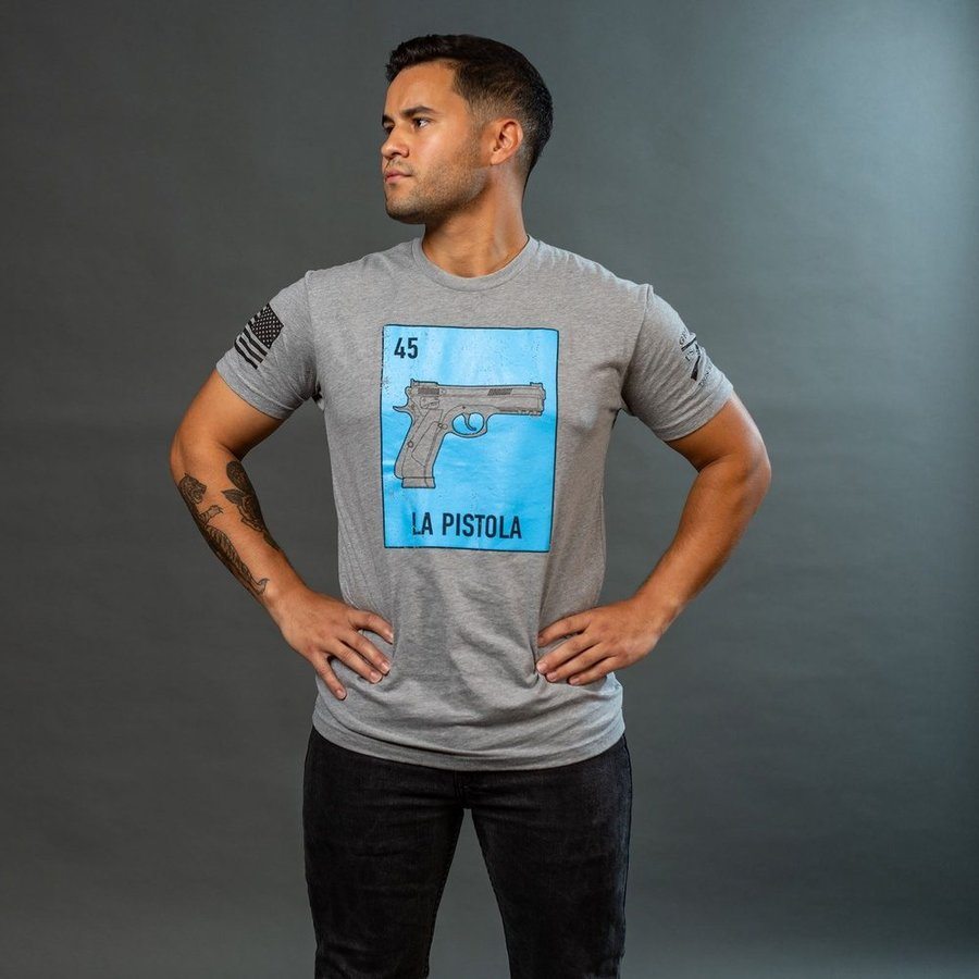 La Pistola Graphic T-Shirt for Men - Dark Heather Gray Cotton Tee | Casual Streetwear & Everyday Comfort