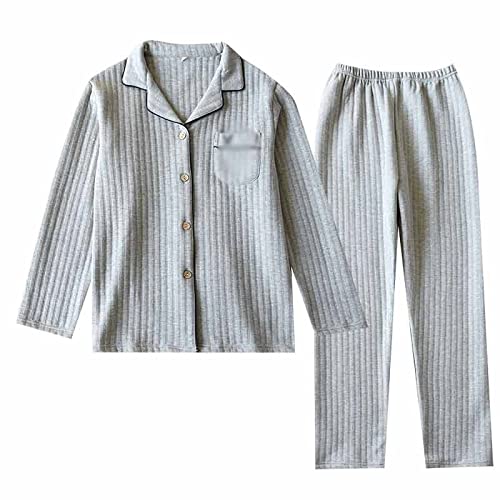 **GRETD Men's Cotton Pajama Set - Long Sleeve Striped & Solid Winter Sleepwear for Cold Weather - Plus Size XL Gray Loungewear for Home & Relaxation**