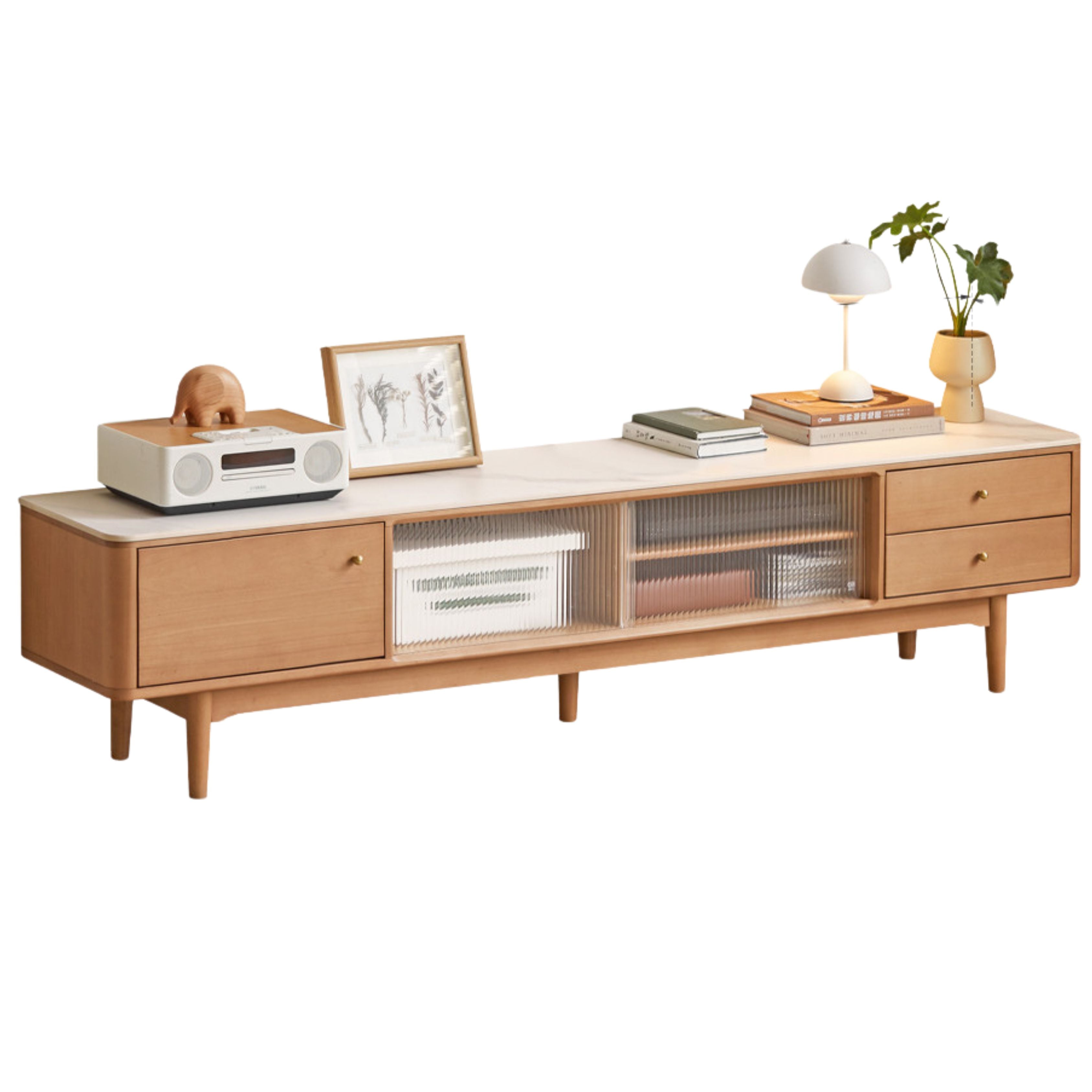 Solid Oak Wood Sliding Door TV Stand with Natural Rock Slab Surface - Modern Entertainment Center for Living Room & Home Theater