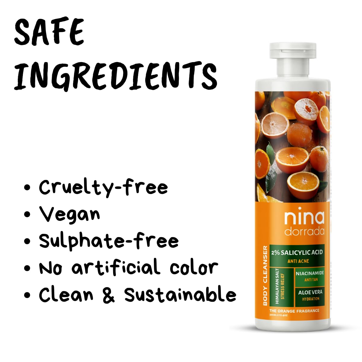 Nina Dorada 2% Salicylic Acid & Niacinamide Body Wash with Himalayan Salt - Exfoliating Acne Treatment & Dark Spot Reducer | Odor Control with Refreshing Orange Fragrance | Deep Cleansing & Stress Relief (300ml) | Perfect for Shower & Post-Workout Skin Care