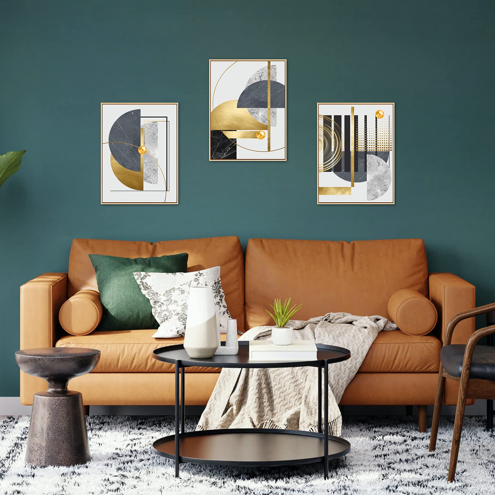3Pcs Gold Canvas Wall Art Decor - Nordic Luxury Geometric Abstract Grey Black and Gold Framed Painting Poster Print (12x16 Inch) for Living Room, Bedroom & Dining Room - Elegant Marble Wall Art for Home & Office Decor
