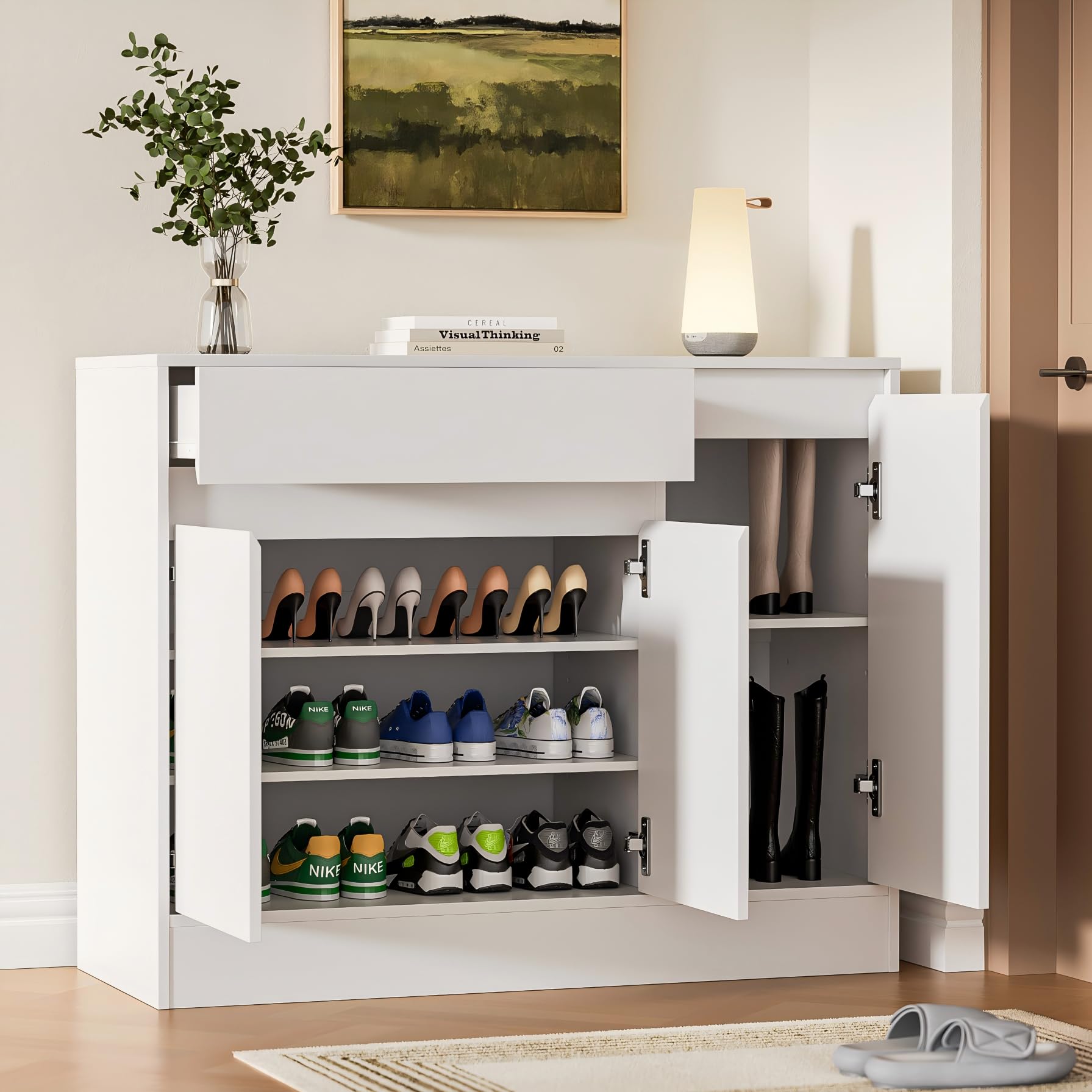 3-Door Freestanding Shoe Cabinet with Drawer & Adjustable Shelves - White Wooden Shoe Organizer for Entryway, Hallway - Perfect for Small Spaces, Apartment Living & Closet Organization