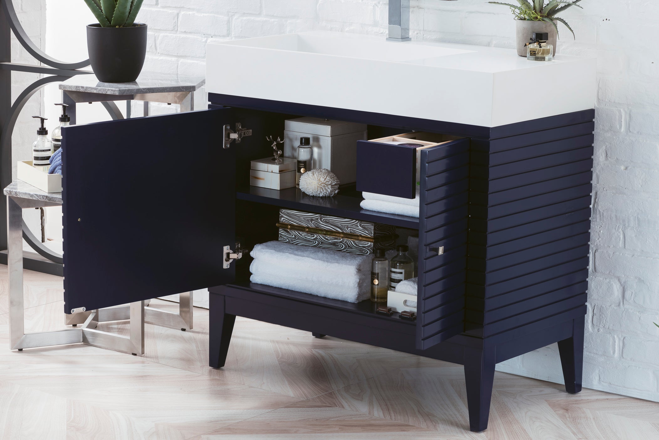 36-Inch Single Bathroom Vanity in Victory Blue with Glossy White Composite Top - Perfect for Modern Master Bathrooms & Guest Suites