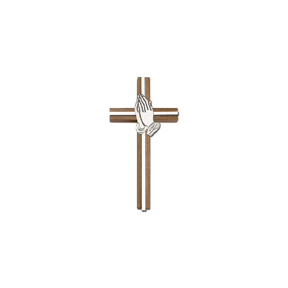 DiamondJewelryNY 6 Inch Praying Hands Cross - Handcrafted Walnut Wood with Antique Inlay - Perfect for Home Decor, Wall Hanging & Religious Gifts