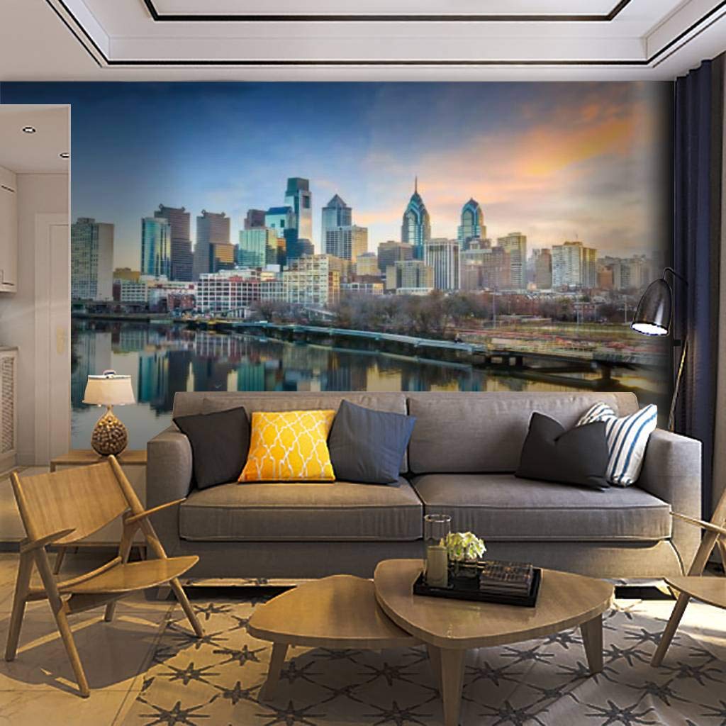 Philadelphia Skyline Wall Mural - Self-Adhesive Removable Peel & Stick Wallpaper for Home Decor | Pennsylvania USA Cityscape Landscape Wall Decal | Perfect for Living Room, Bedroom & Office Spaces