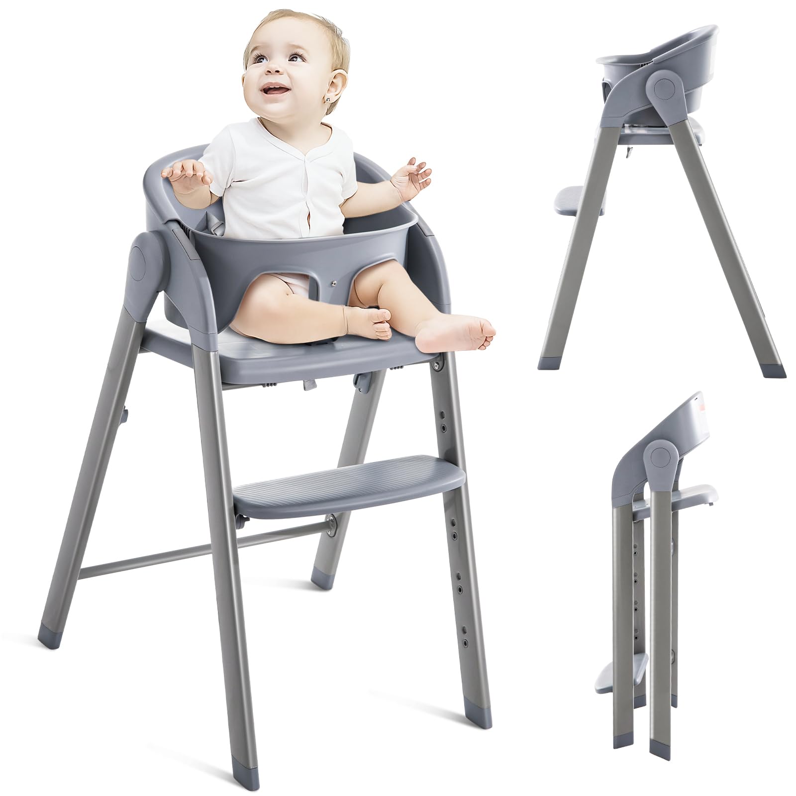 5-in-1 Convertible Baby High Chair with Removable Tray - Adjustable Toddler Feeding Seat for 6 Months to 240 lbs - Easy Clean Gray Cushion - Portable for Home, Restaurant & Travel Use