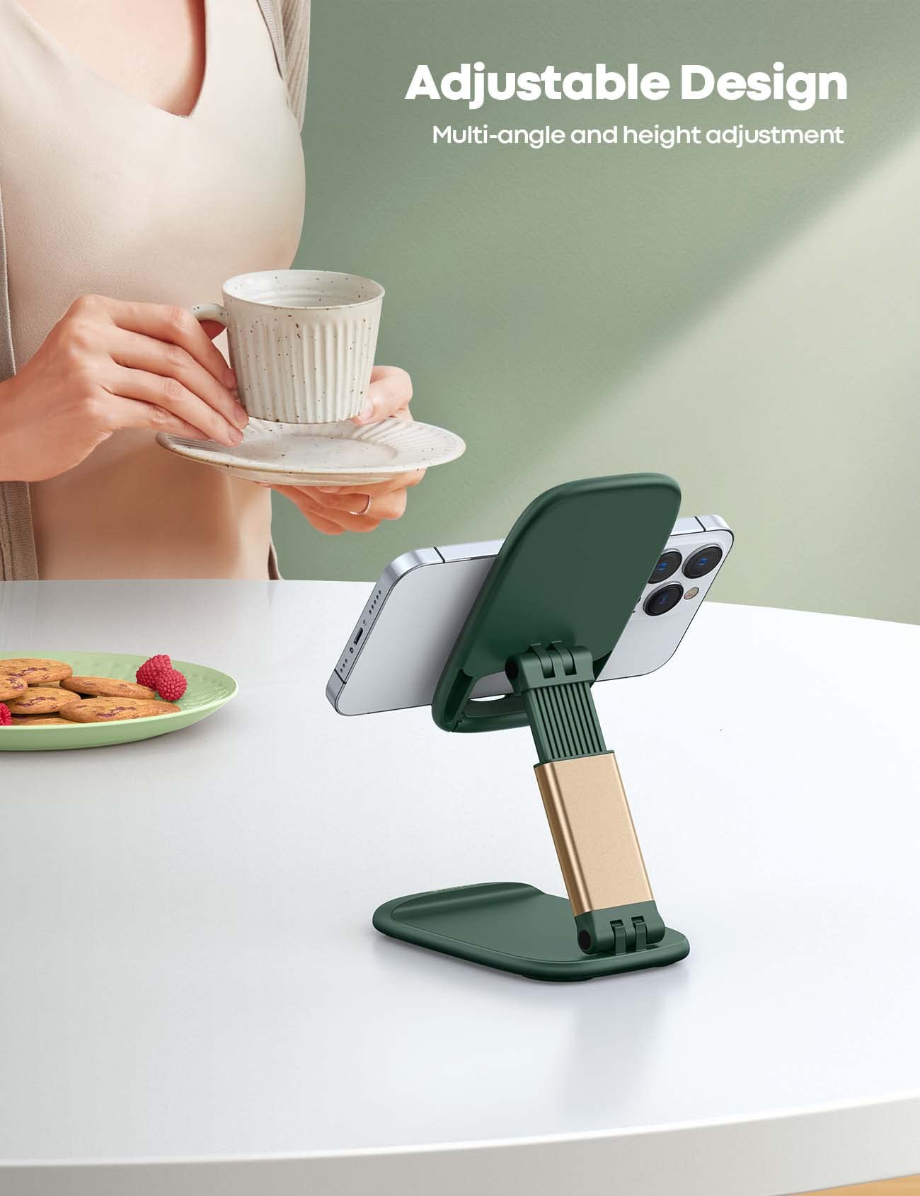 Lamicall Adjustable Cell Phone Stand - Green Desk Phone Holder for iPhone & Smartphones, Office & Home Desk Accessories, Perfect for Video Calls, Watching Movies & Hands-Free Use