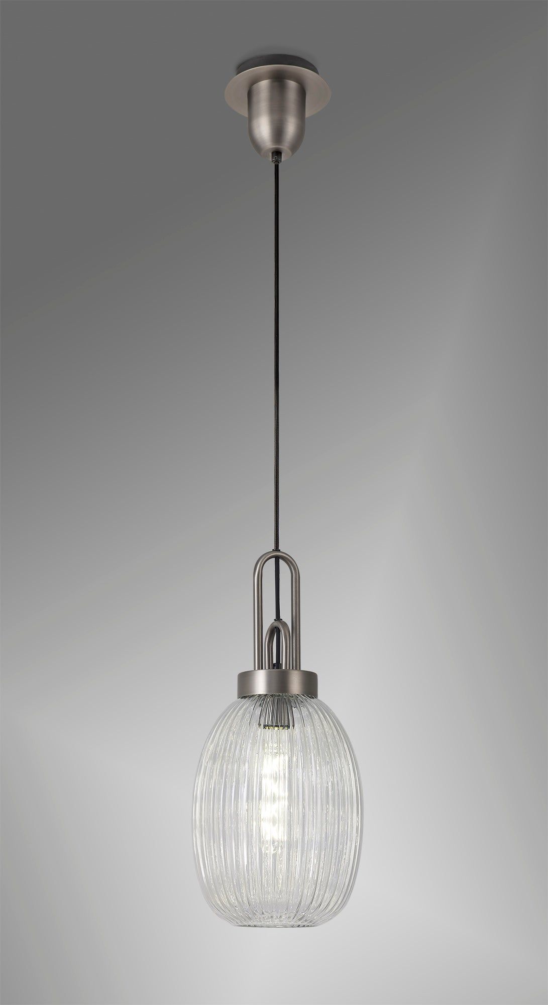 Cadiz 1-Light Pendant Light Fixture with 20cm Almond Ribbed Glass Shade, E27 Socket, IP20 Rated - Perfect for Kitchen Island, Dining Room, or Bedroom Lighting