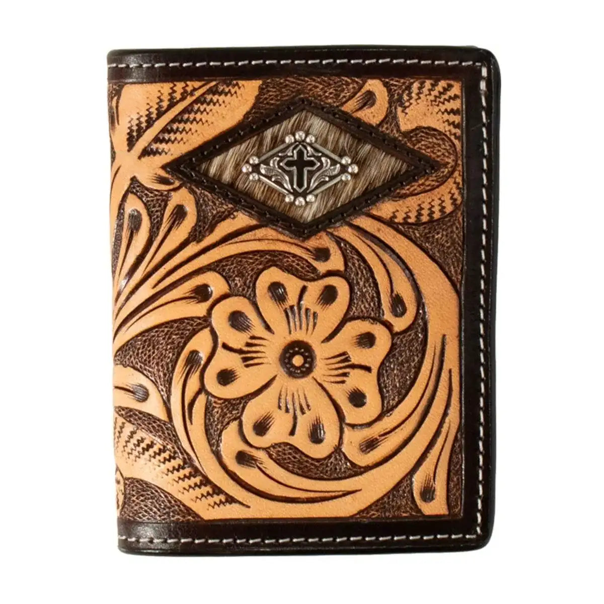 3D Tooled Floral Diamond Cross Concho Men's Tri-Fold Leather Wallet - Perfect Gift for Dad, Husband & Cowboy Enthusiasts | Western Style Bifold Wallet for Everyday Use & Special Occasions