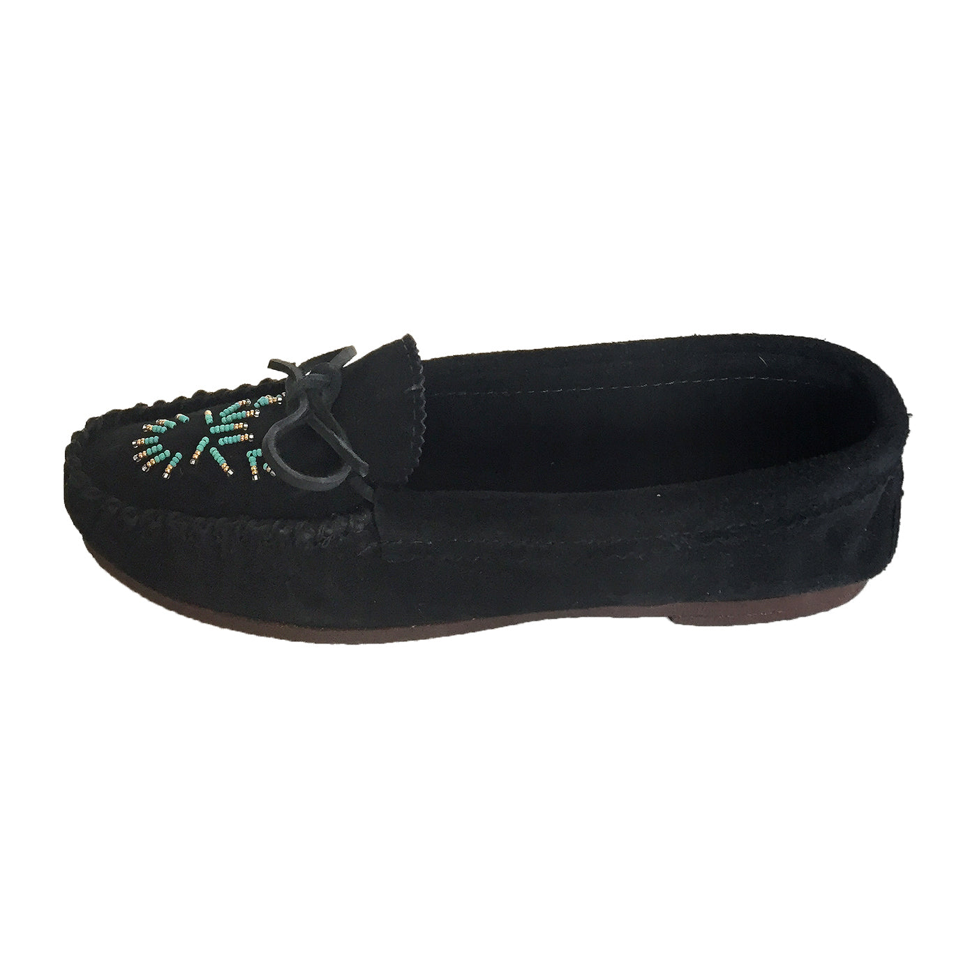 Women's Black Beaded Moccasins with Comfortable Rubber Sole - Stylish Slip-On Shoes for Casual Wear, Home & Outdoor Use