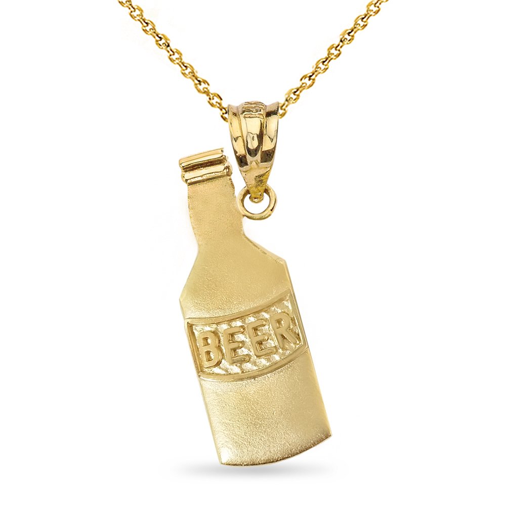 14k Yellow Gold Beer Bottle Charm Pendant Necklace - High Polish Finish - Perfect for Beer Lovers, Gifts & Casual Wear