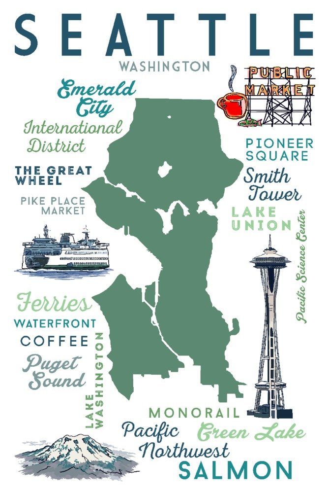 Seattle Washington Travel Poster - 36x54 Giclee Gallery Print with Typography & Icons | Vintage Wall Decor for Home, Office & Cafe | Perfect for Pacific Northwest Lovers & Travel Enthusiasts