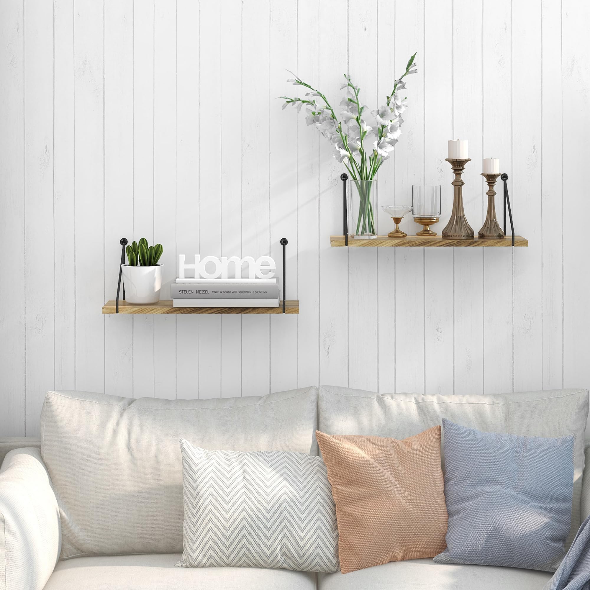 SUMGAR Set of 2 Rustic Floating Wood Shelves - Wall Mounted Storage Shelf for Kitchen, Bathroom, Bedroom, Living Room & Home Office - Decorative Display Organizer for Books, Plants & Home Decor - Easy to Install Hanging Shelves