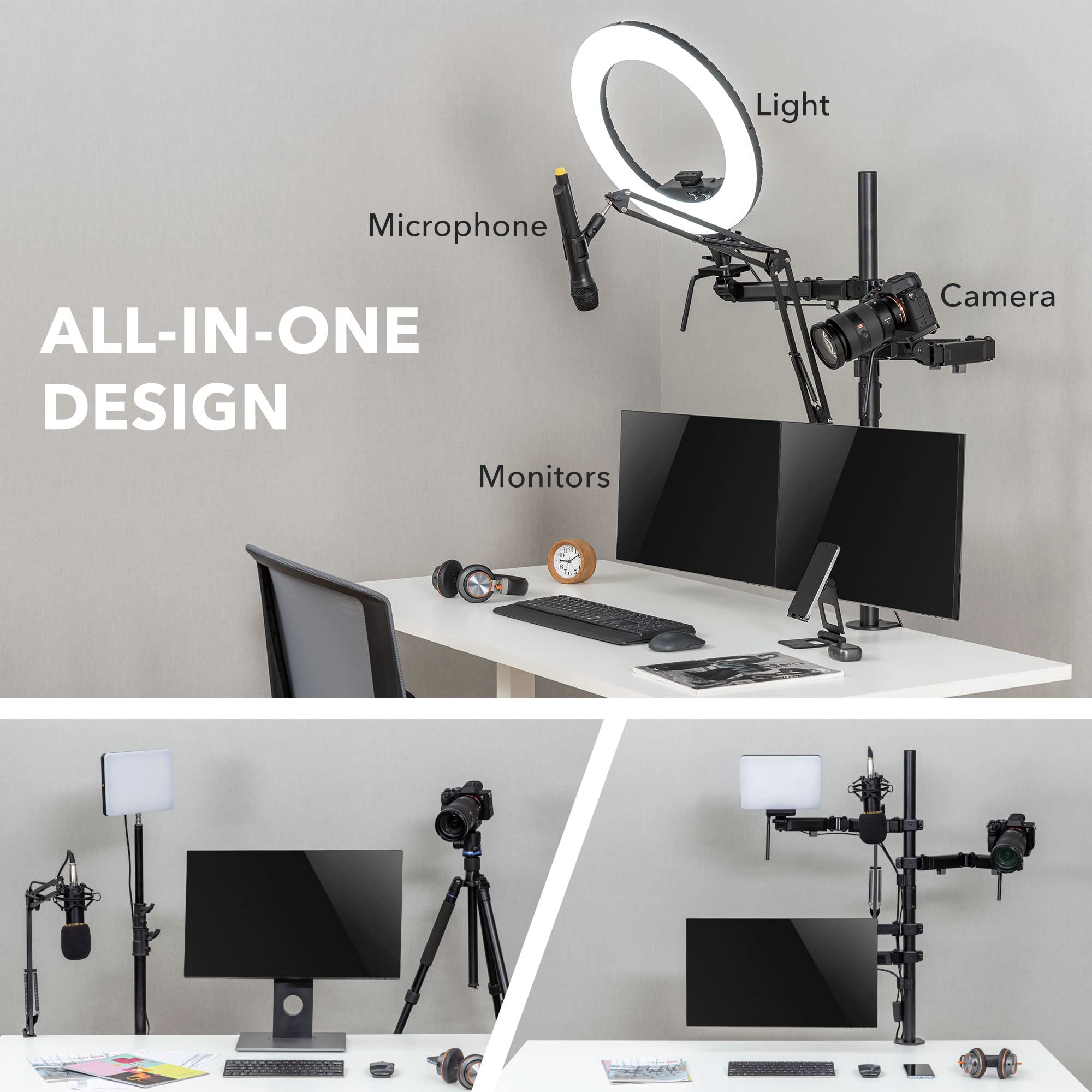 Mount-It! Complete Live Streaming Kit - Dual Monitor & Camera Desk Mount with Ring Light & Mic Holder | Professional YouTube, Facebook Live Setup for Gamers, Podcasters & Content Creators | Perfect for Home Studios & Office Streaming