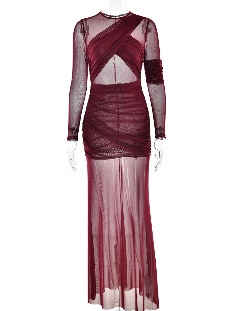 Elegant Mesh Patchwork Long Sleeve Bodycon Party Dress for Women - Sexy Double Layer Evening Gown with Sheer Vestido for Club, Night Out & Autumn Fashion