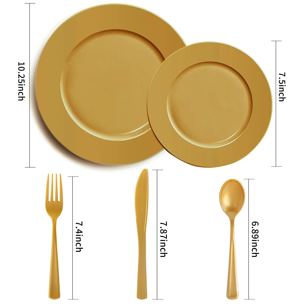 180-Piece Gold Plastic Plate Set - Premium Heavyweight Disposable Gold Dinnerware Includes 10.25