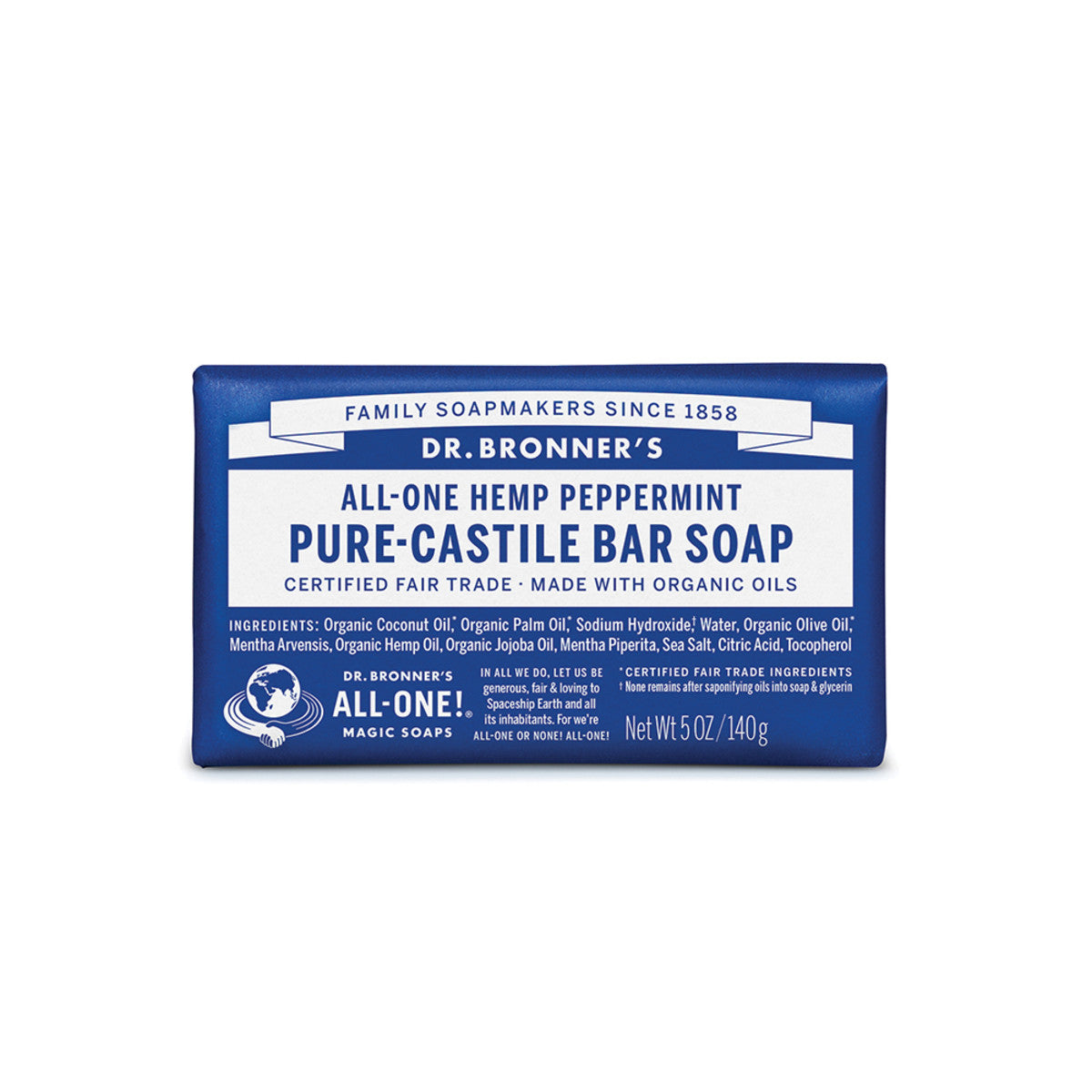 Dr. Bronner's Organic Peppermint Pure Castile Bar Soap with Hemp Oil - 140g All-One | Natural Vegan Soap for Face, Body & Hair | Eco-Friendly Bath & Shower Soap for Sensitive Skin